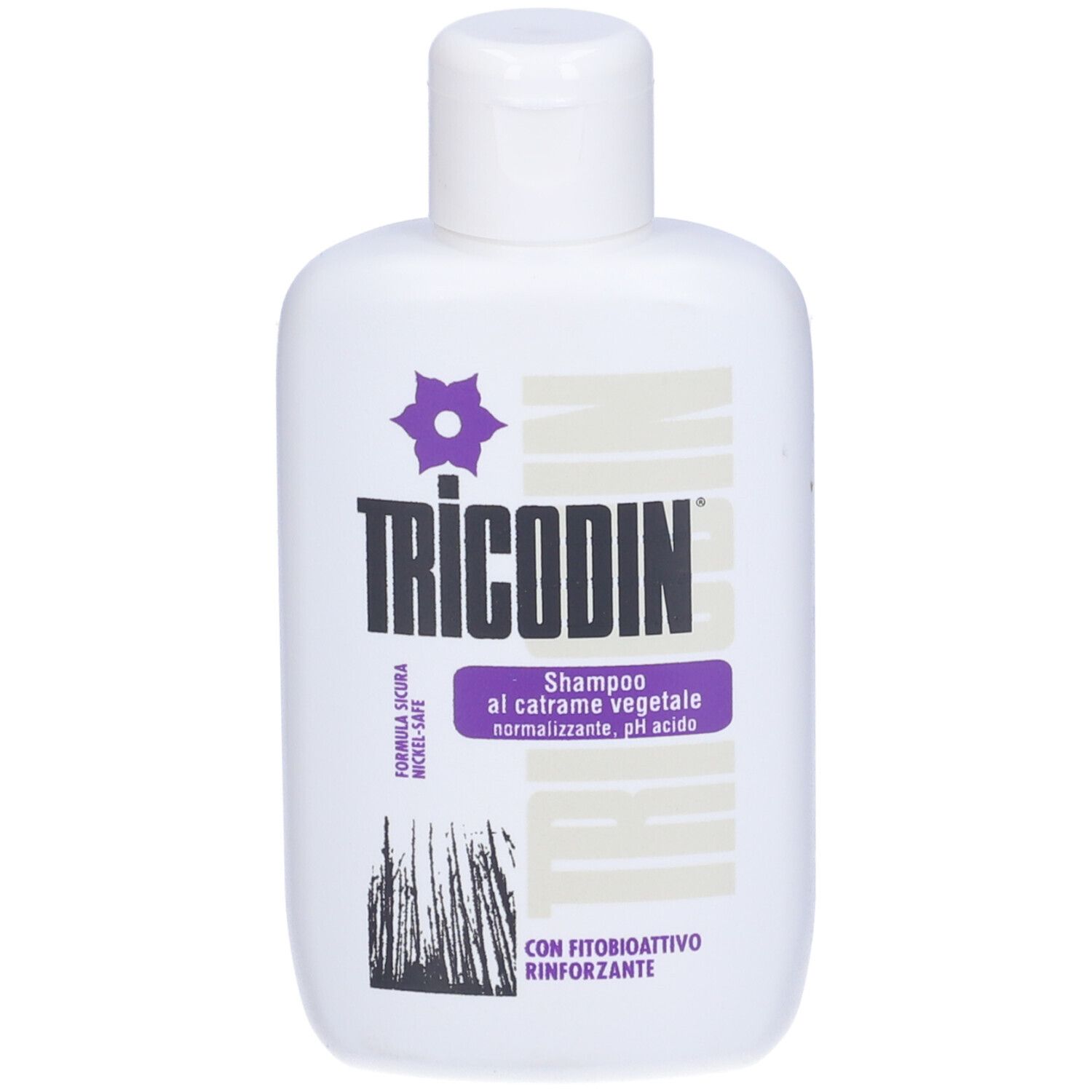 Weiße Flasche mit Tricodin Shampoo. Lila Akzente. Text: Shampoo al catrame vegetale, pH acido.