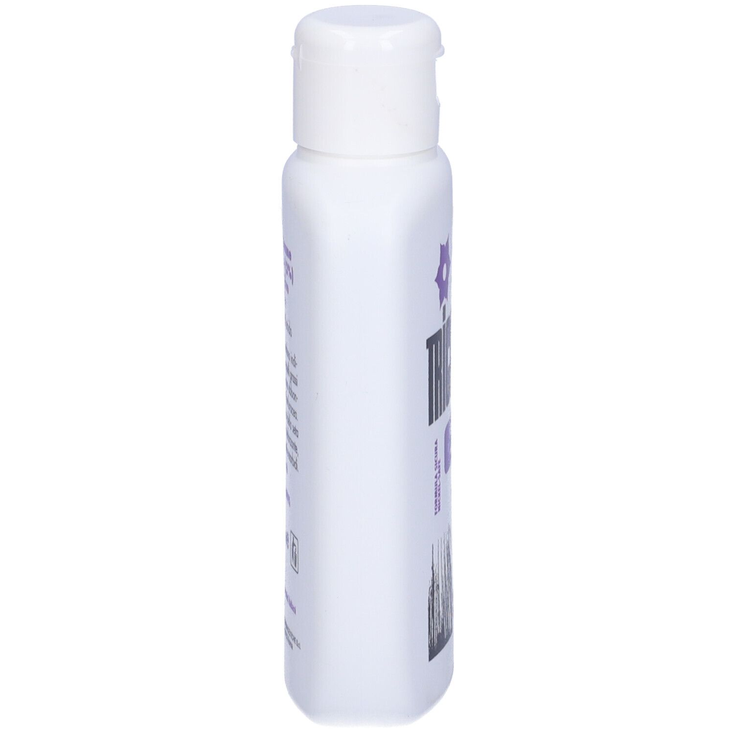 Seitenansicht einer weißen Flasche mit Tricodin Shampoo. Text: Shampoo al catrame vegetale, pH acido.
