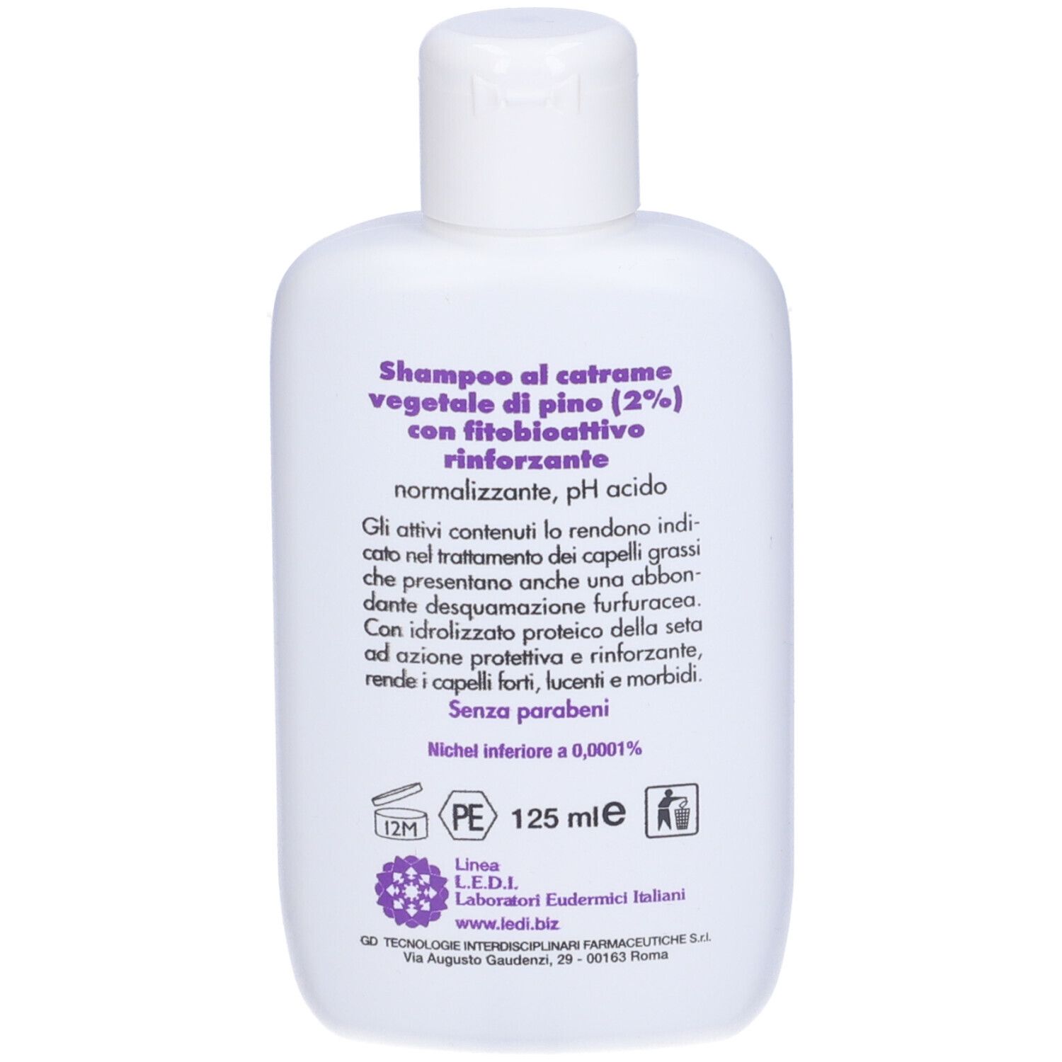 Rückseite einer weißen Flasche mit Text. Text: Shampoo al catrame vegetale, pH acido. Inhaltsangaben.