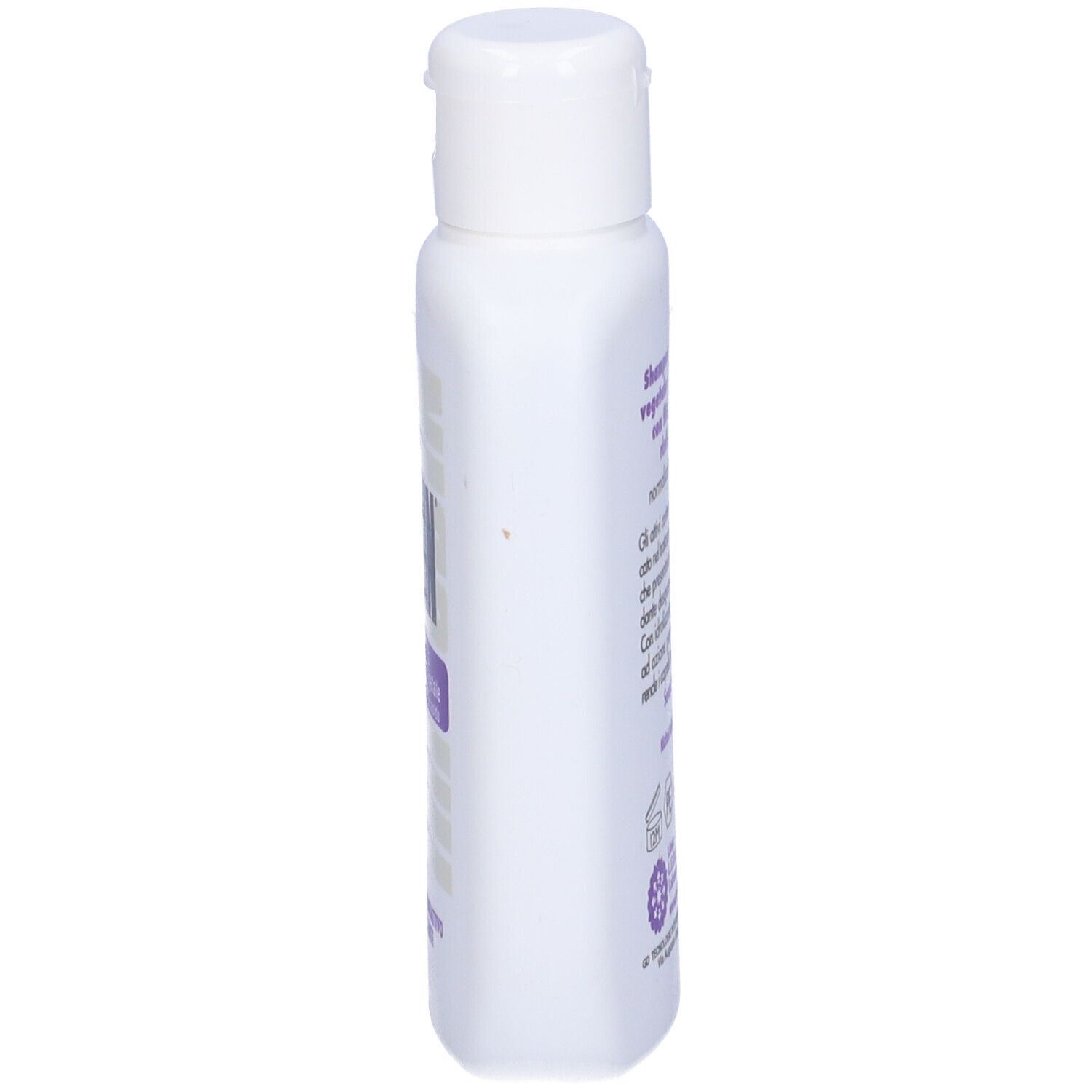 Seitenansicht einer weißen Flasche mit Tricodin Shampoo. Text: Shampoo al catrame vegetale, pH acido.