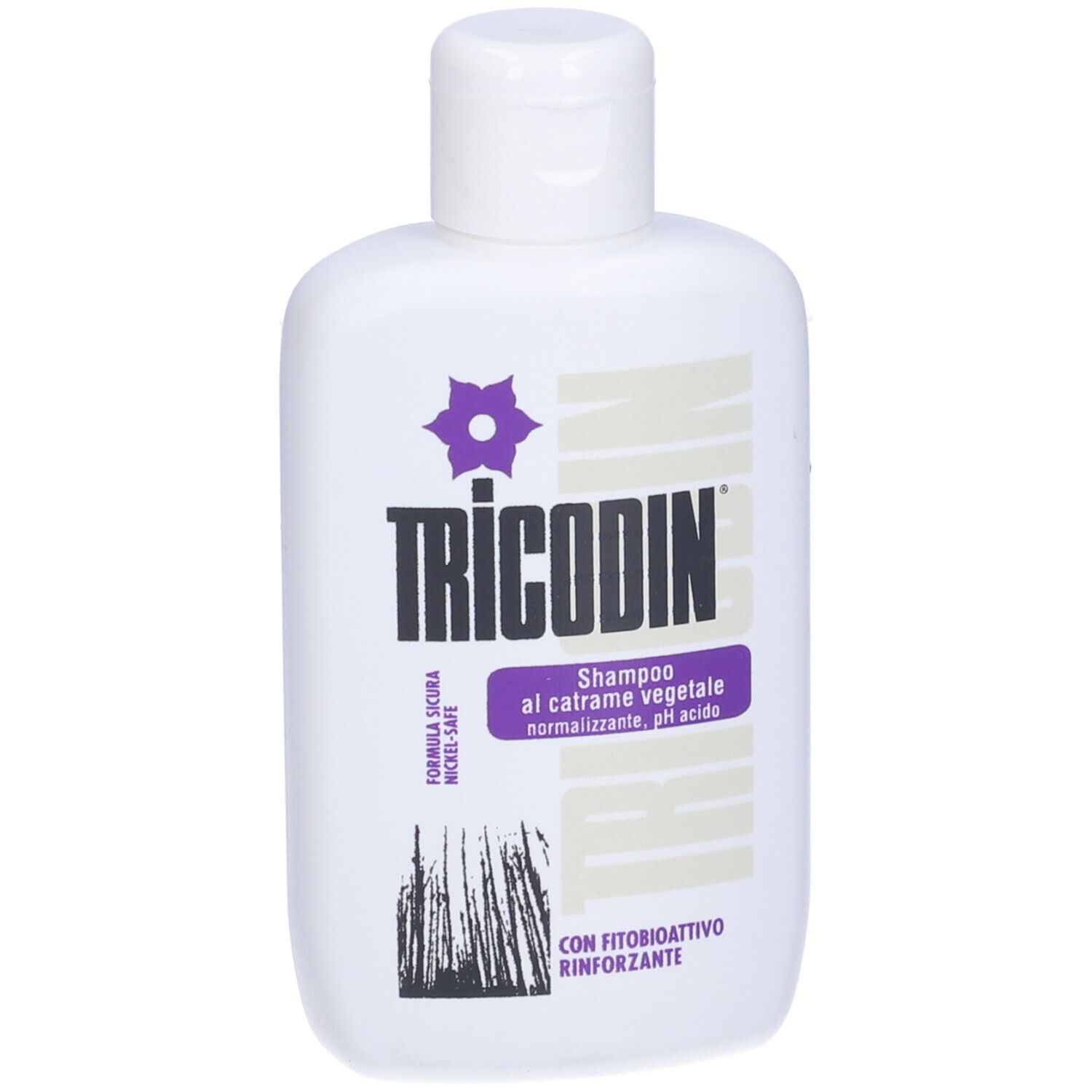 Weiße Flasche mit Tricodin Shampoo. Lila Akzente. Text: Shampoo al catrame vegetale, pH acido.