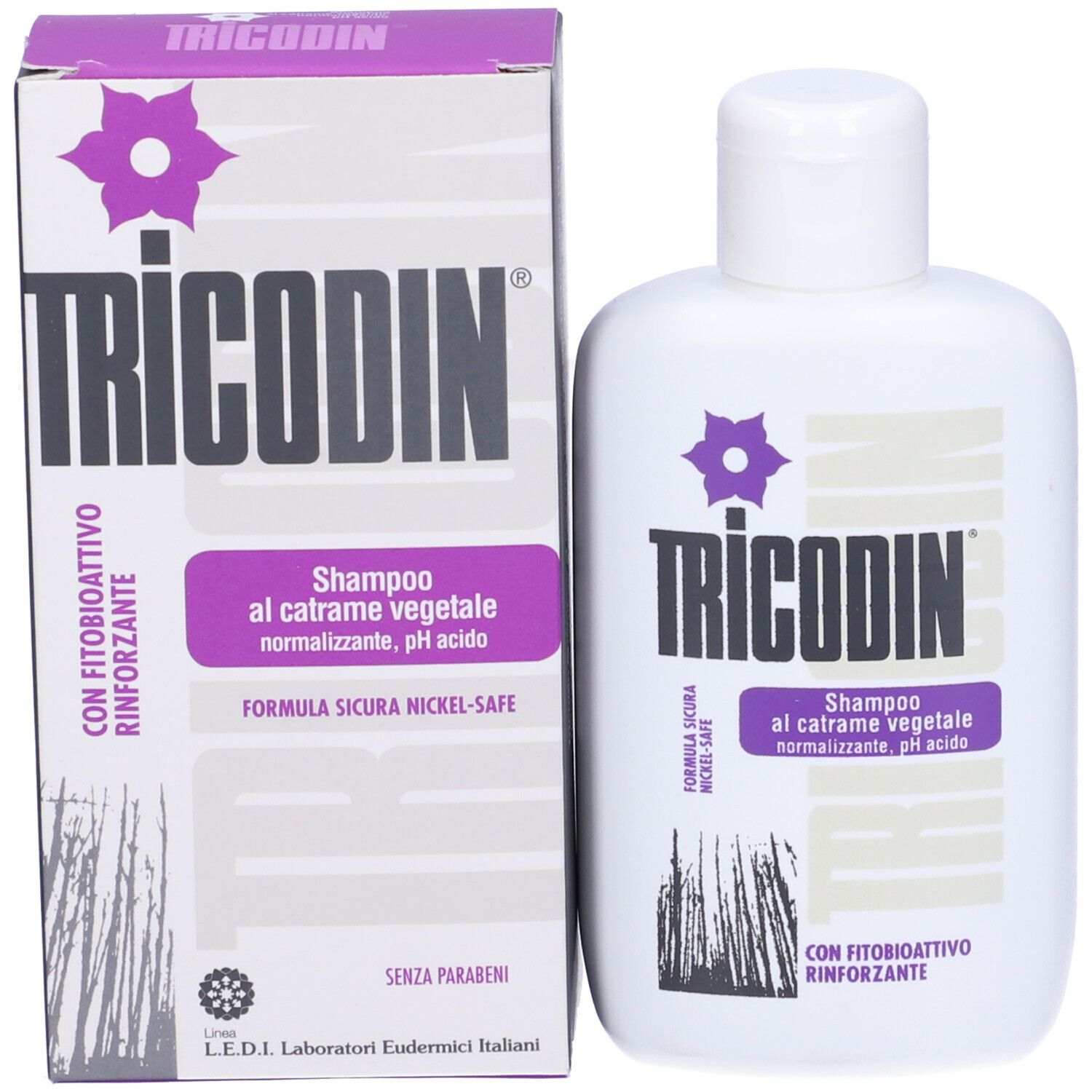 Weiße Flasche und Schachtel mit Tricodin Shampoo. Lila Akzente. Text: Shampoo al catrame vegetale.