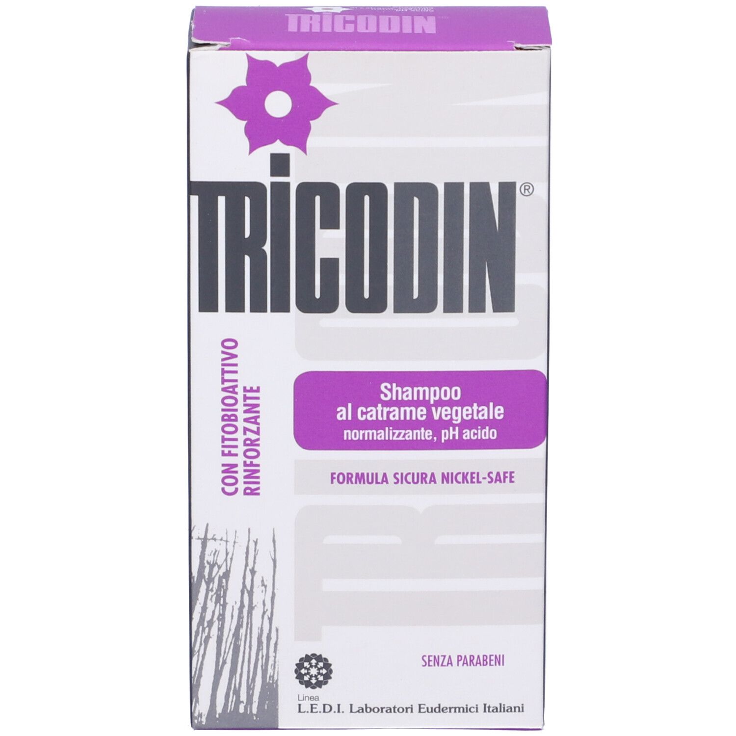 Schachtel mit Tricodin Shampoo. Lila Akzente. Text: Shampoo al catrame vegetale, pH acido.
