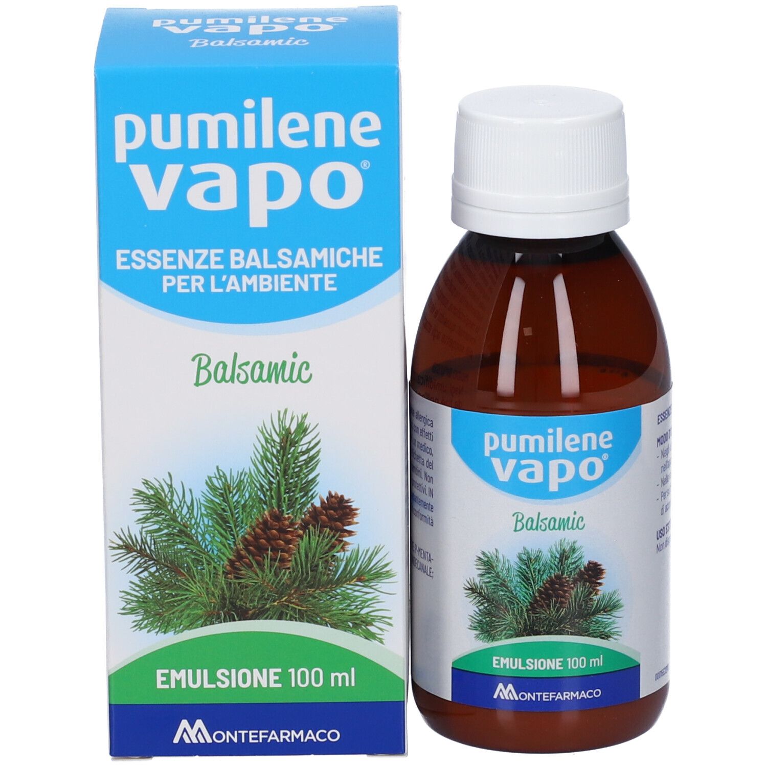 Produktflasche und -verpackung. Blaue Verpackung mit Produktnamen, Balsamico-Bezeichnung und Kiefernzweigen.