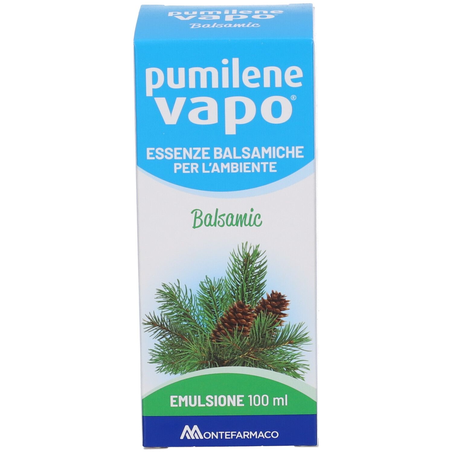 Blaue Produktverpackung mit Produktnamen, Balsamico-Bezeichnung und Kiefernzweigen.