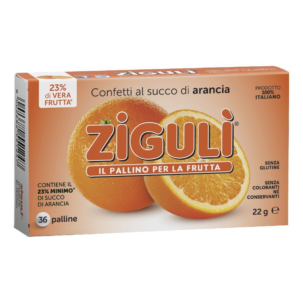 Boîte orange avec nom du produit et image d'orange. Texte: Confetti al succo di arancia, 36 palline, sans gluten.