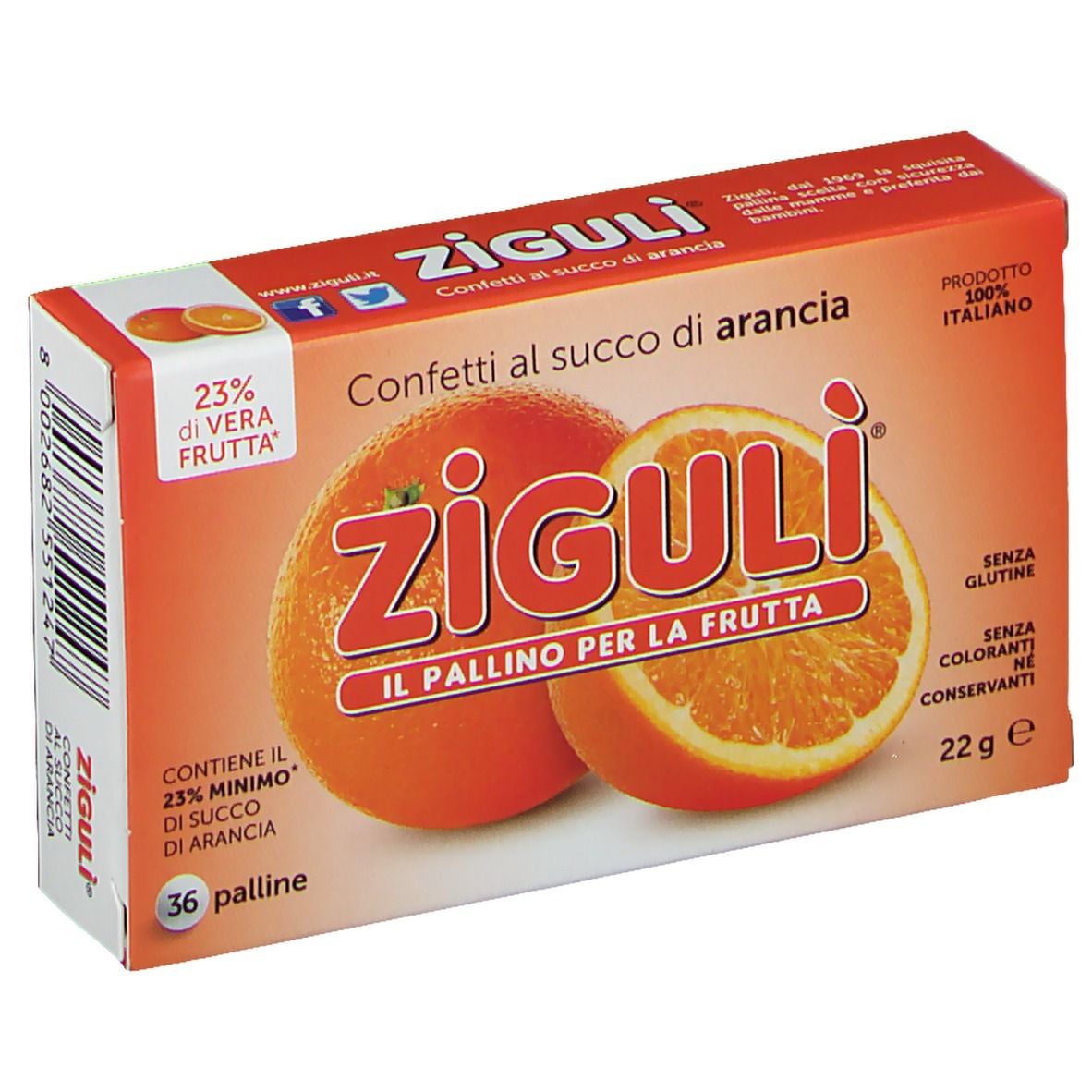 Boîte orange avec nom du produit et image d'orange. Texte: Confetti al succo di arancia, 36 palline, sans gluten.