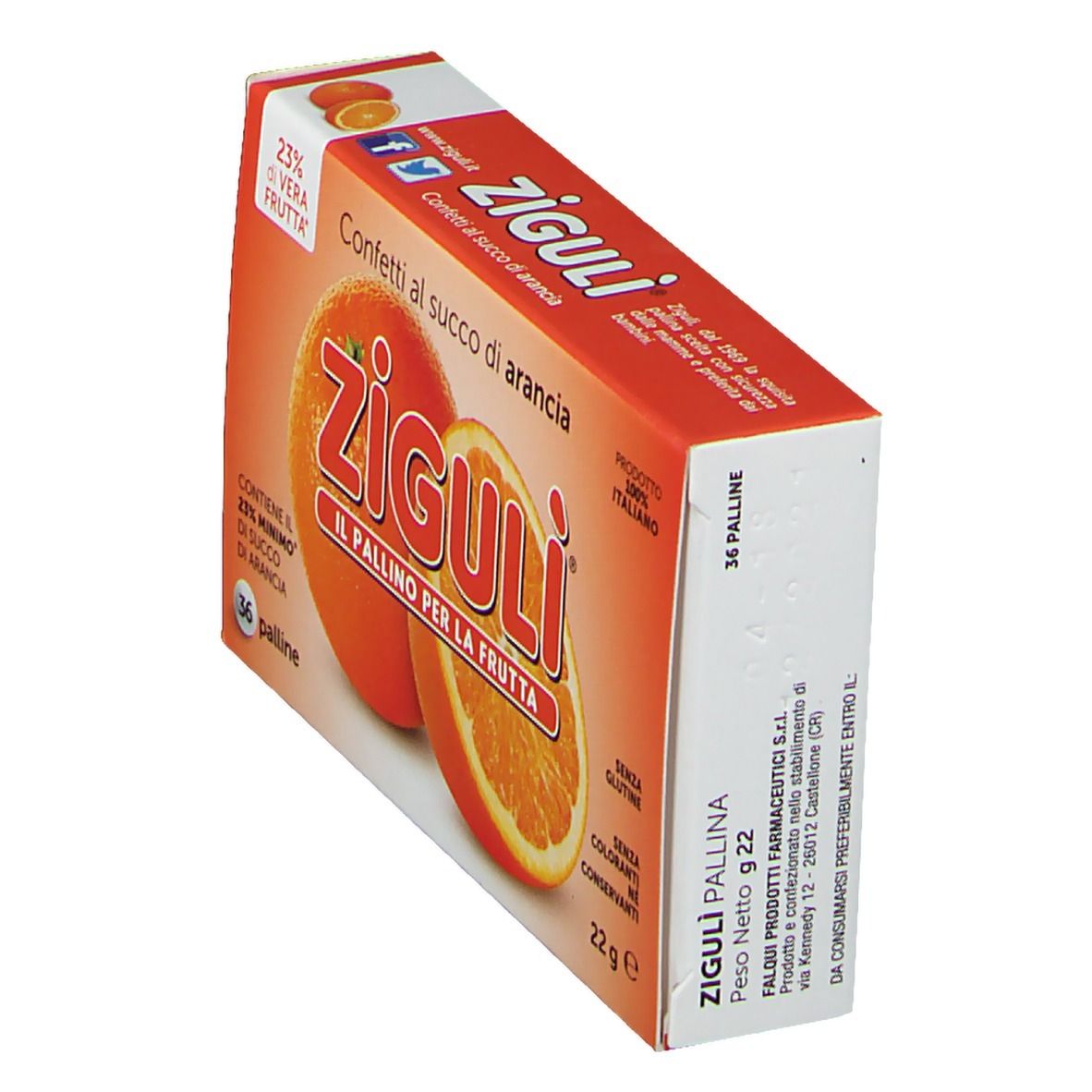 Boîte orange avec nom du produit et image d'orange. Texte: Confetti al succo di arancia, 36 palline, sans gluten.