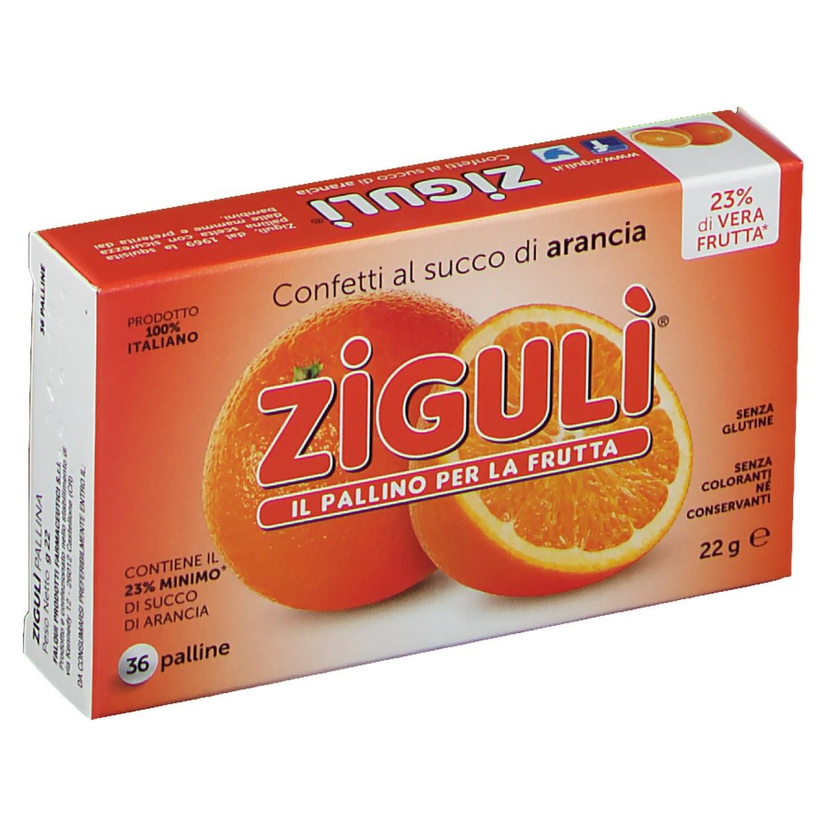 Boîte orange avec nom du produit et image d'orange. Texte: Confetti al succo di arancia, 36 palline, sans gluten.