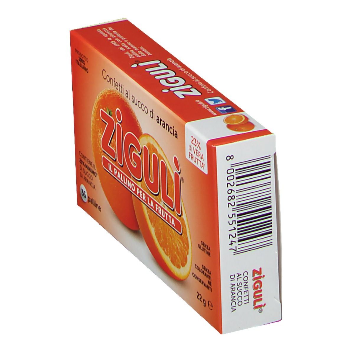 Boîte orange avec nom du produit et image d'orange. Texte: Confetti al succo di arancia, 36 palline, sans gluten.