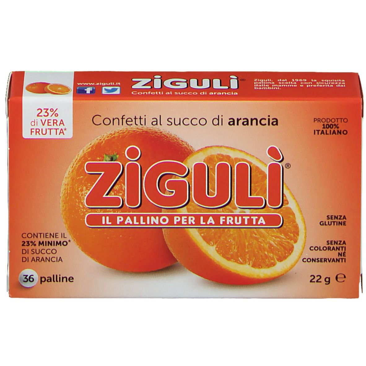 Boîte orange avec nom du produit et image d'orange. Texte: Confetti al succo di arancia, 36 palline, sans gluten.