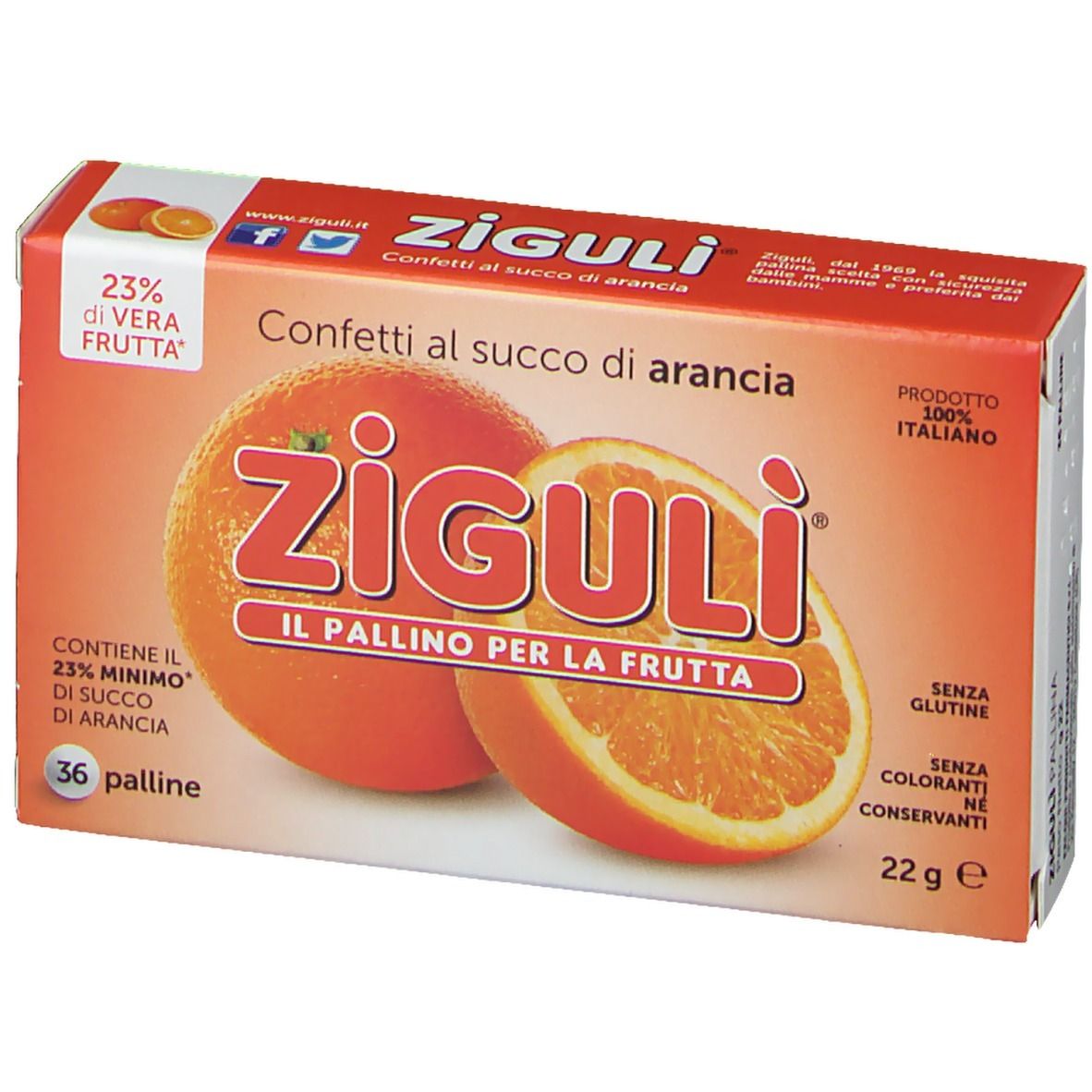 Boîte orange avec nom du produit et image d'orange. Texte: Confetti al succo di arancia, 36 palline, sans gluten.