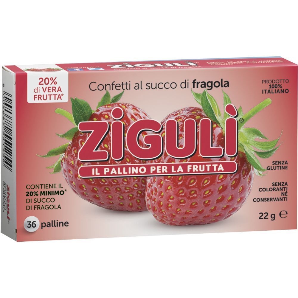 Boîte de confiseries Ziguli au jus de fraise. Emballage rouge avec illustrations de fraises et informations produit.