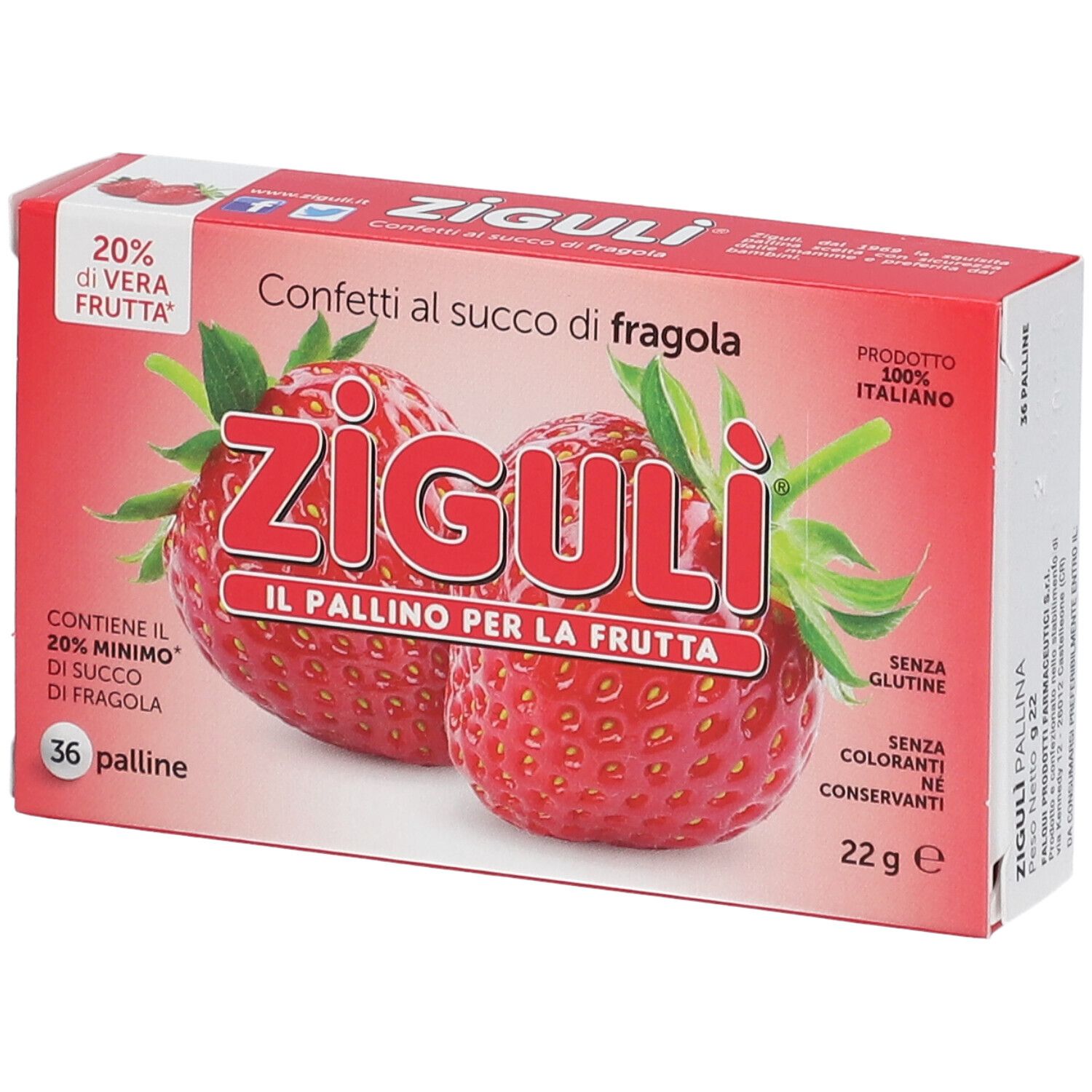 Boîte de confiseries Ziguli au jus de fraise. Emballage rouge avec illustrations de fraises et informations produit.
