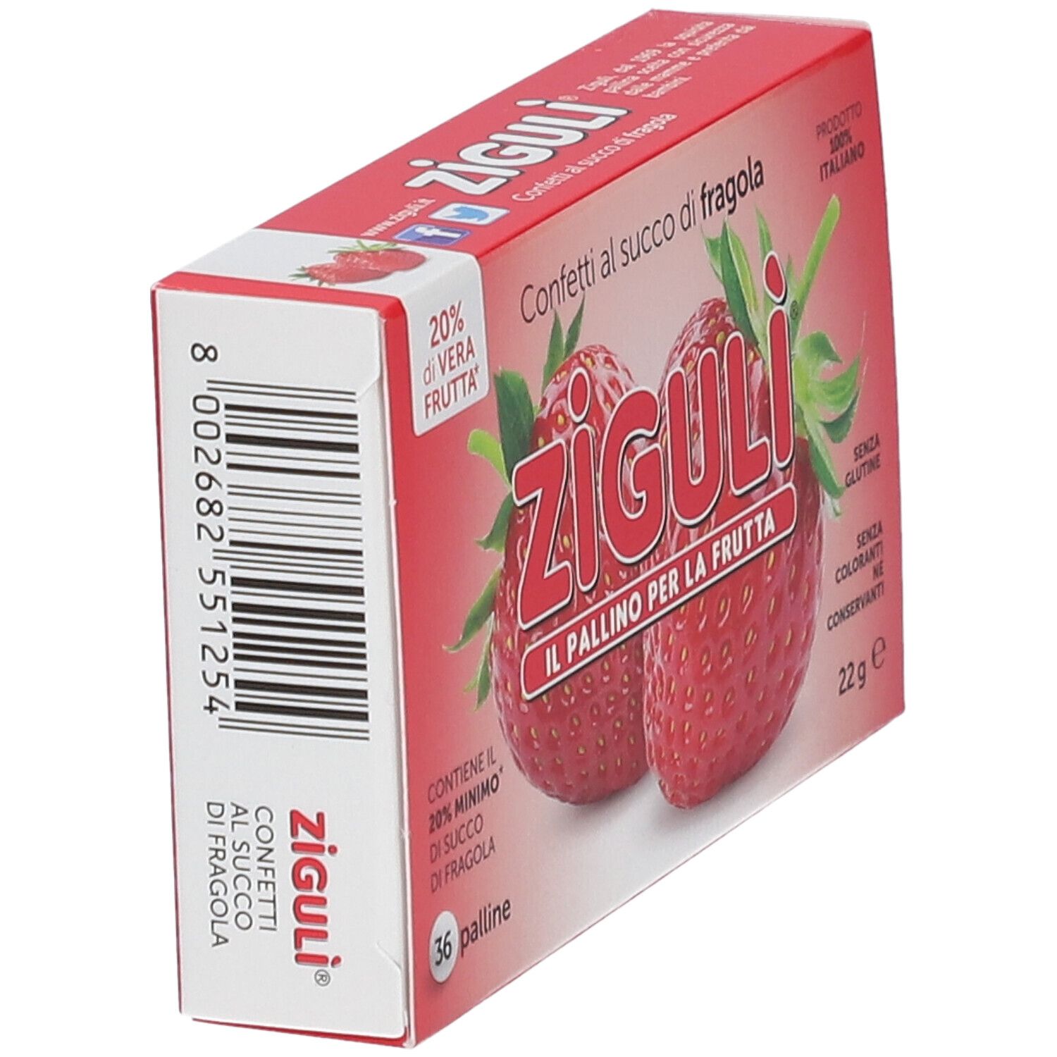 Boîte de confiseries Ziguli au jus de fraise. Emballage rouge avec illustrations de fraises et informations produit.