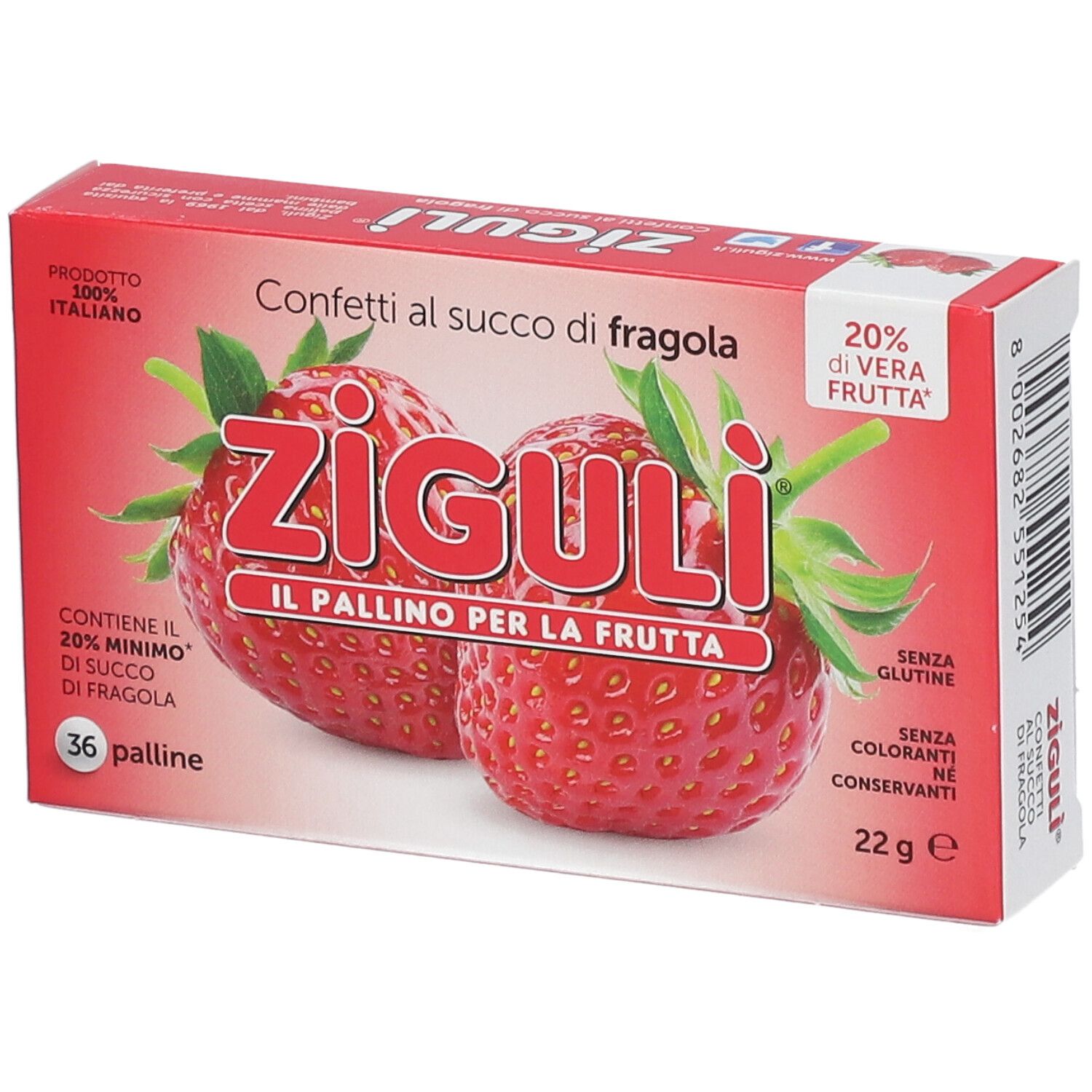 Boîte de confiseries Ziguli au jus de fraise. Emballage rouge avec illustrations de fraises et informations produit.