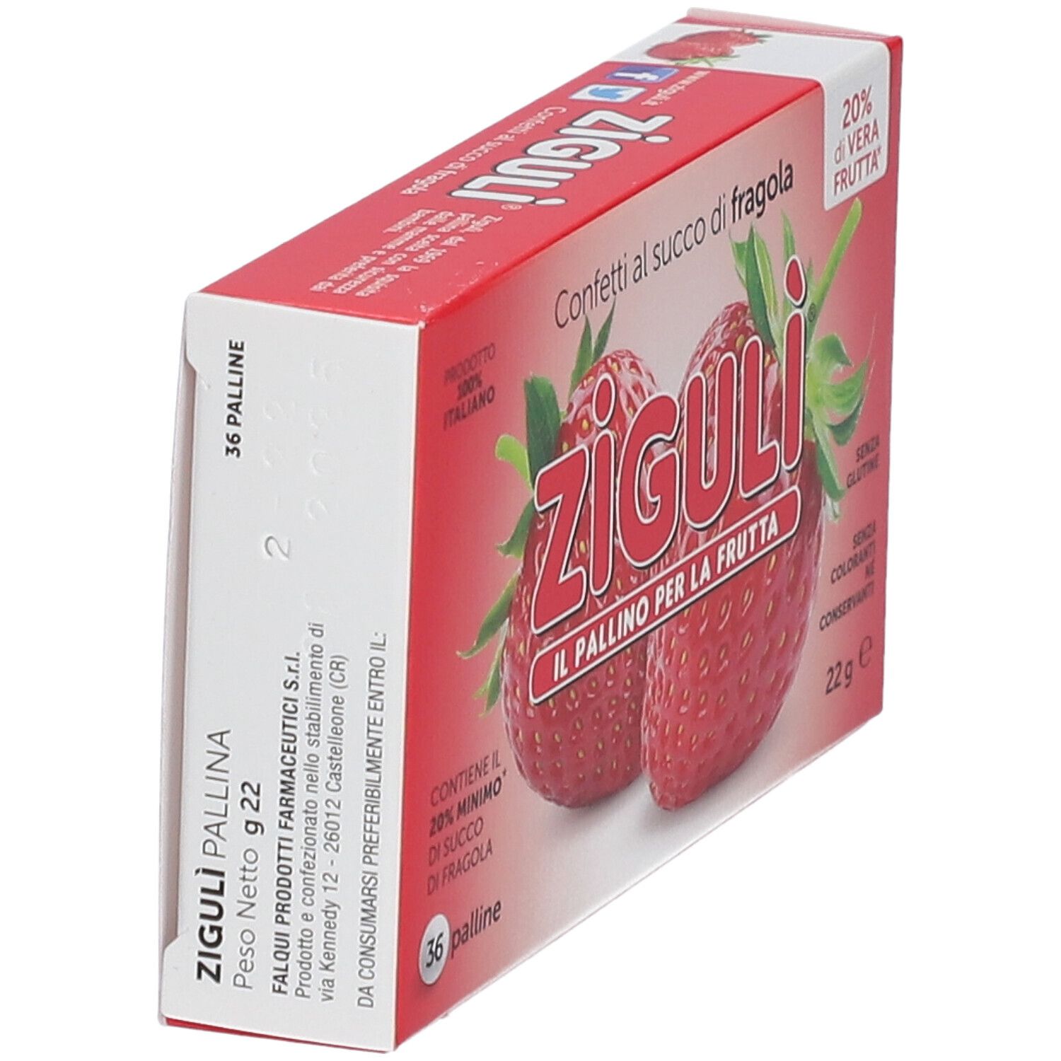 Boîte de confiseries Ziguli au jus de fraise. Emballage rouge avec illustrations de fraises et informations produit.