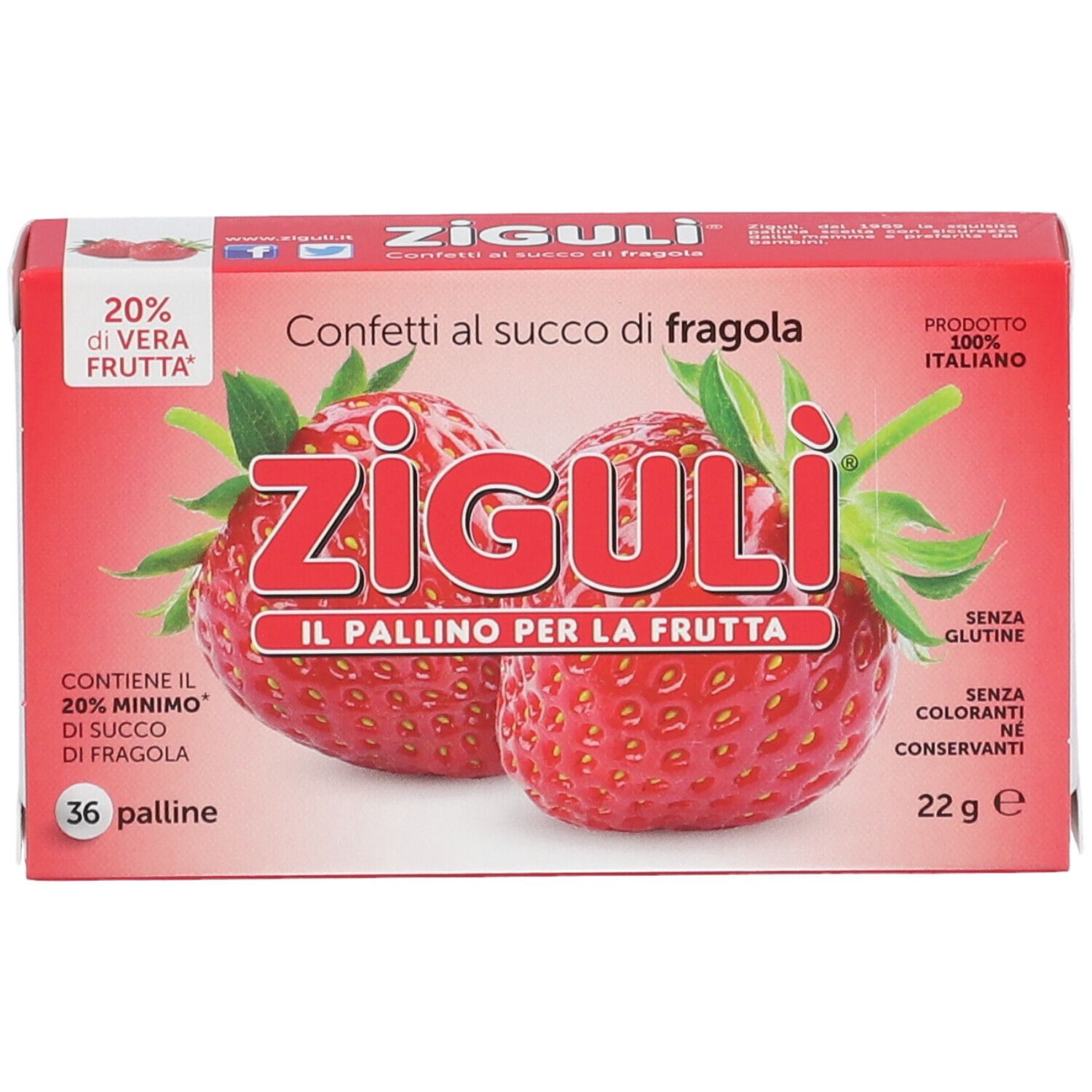 Boîte de confiseries Ziguli au jus de fraise. Emballage rouge avec illustrations de fraises et informations produit.