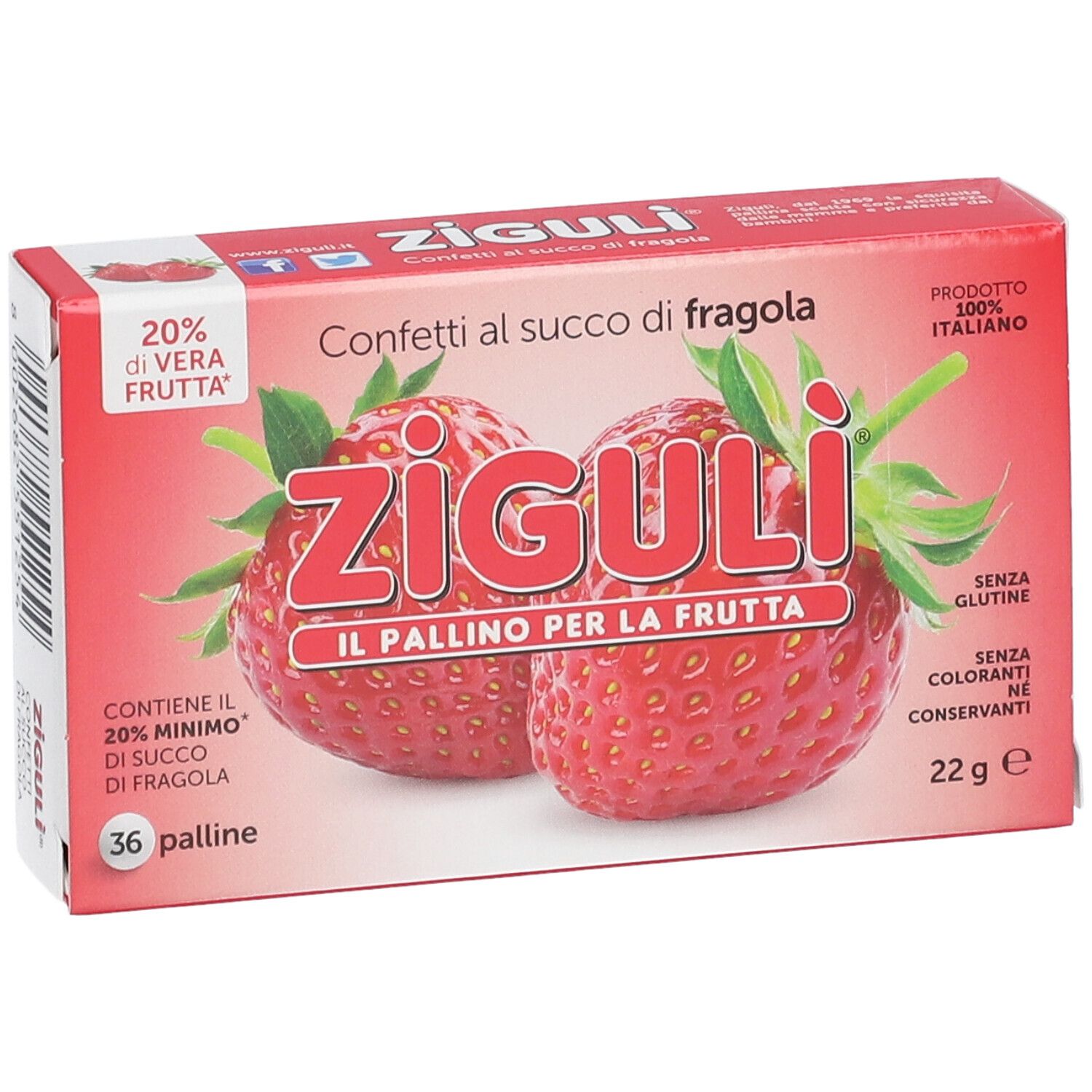 Boîte de confiseries Ziguli au jus de fraise. Emballage rouge avec illustrations de fraises et informations produit.