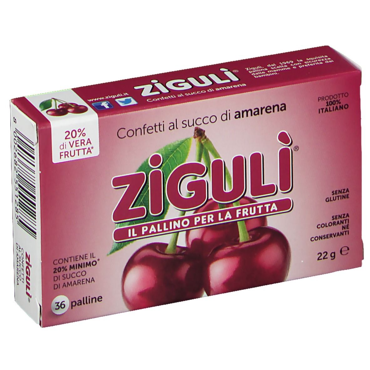 Verpackung Ziguli Konfetti mit Sauerkirschgeschmack. Kirschabbildung. Text: 20% echte Frucht, 36 Kugeln, glutenfrei, ohne Farbstoffe, ohne Konservierungsstoffe.