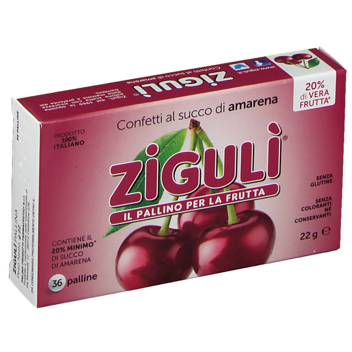 Verpackung Ziguli Konfetti mit Sauerkirschgeschmack. Kirschabbildung. Text: 20% echte Frucht, 36 Kugeln, glutenfrei, ohne Farbstoffe, ohne Konservierungsstoffe.