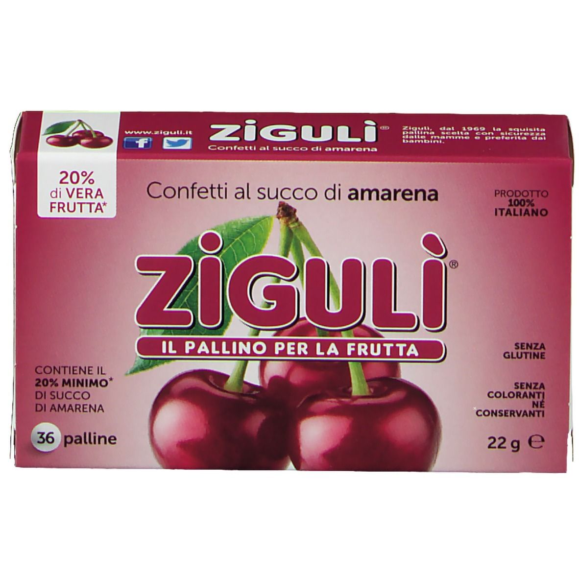 Verpackung Ziguli Konfetti mit Sauerkirschgeschmack. Kirschabbildung. Text: 20% echte Frucht, 36 Kugeln, glutenfrei, ohne Farbstoffe, ohne Konservierungsstoffe.