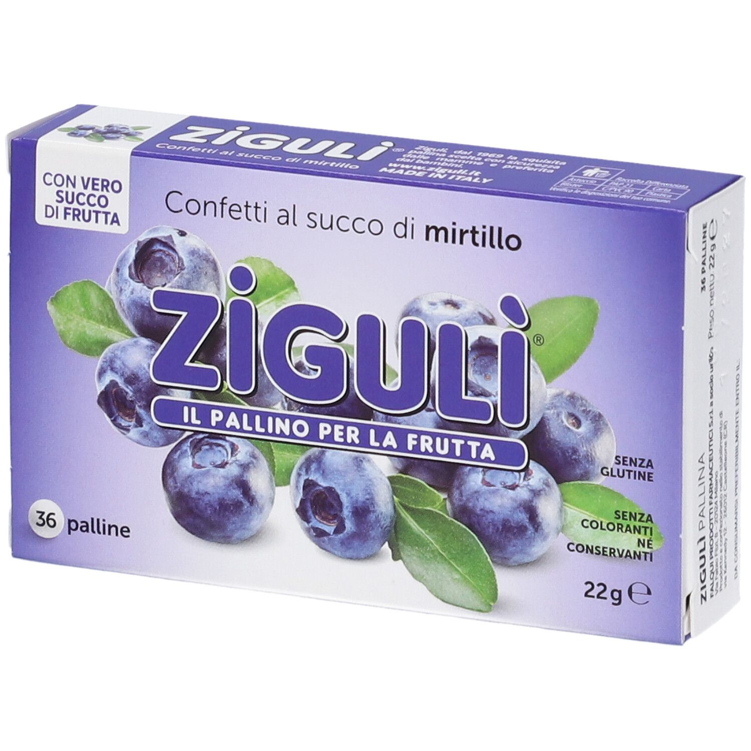 Schachtel mit Ziguli-Konfekt mit Blaubeersaft. Aufdruck mit Blaubeeren und Blättern. 36 Kugeln, glutenfrei, ohne Farbstoffe und Konservierungsmittel.