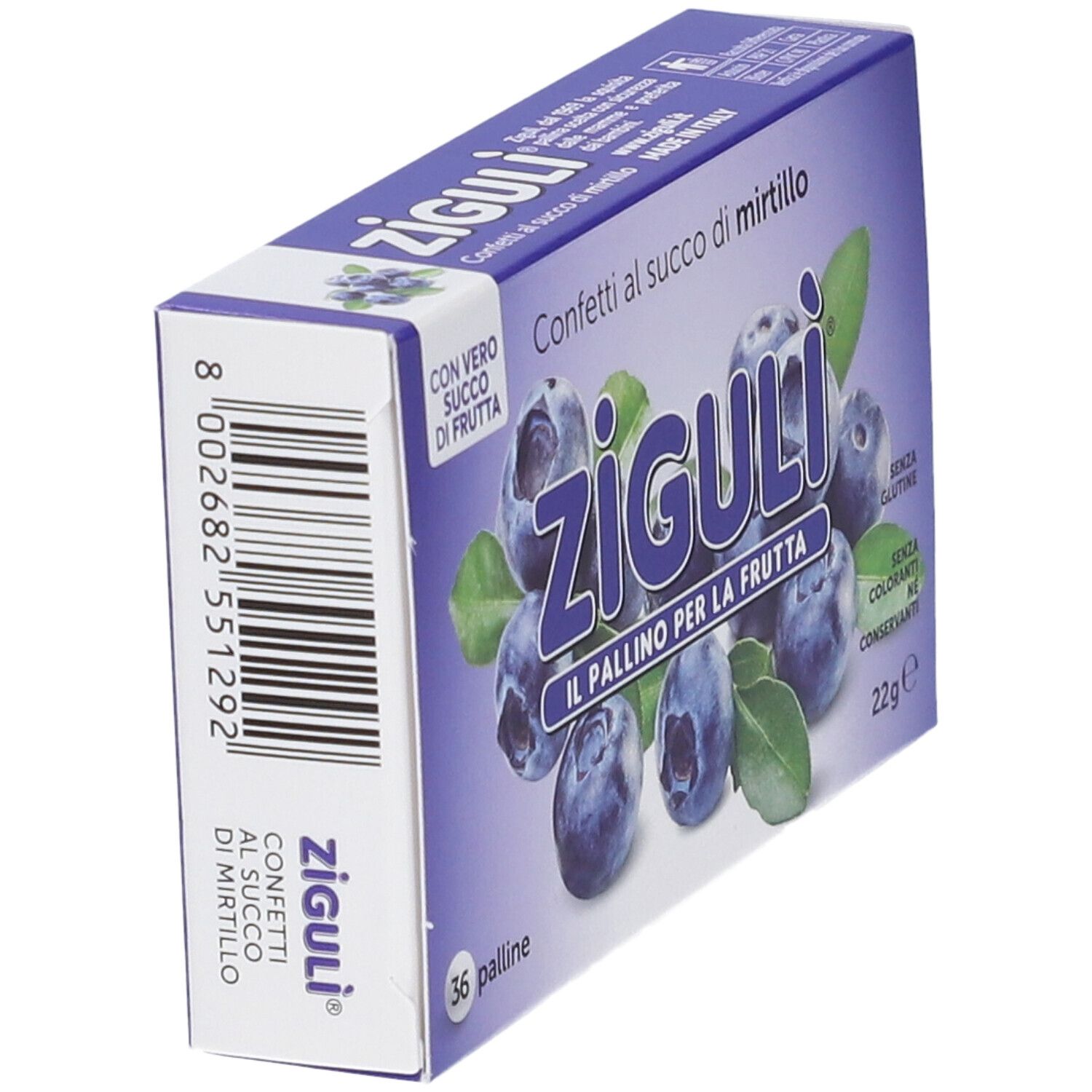 Schachtel Ziguli-Konfekt mit Blaubeersaft. Seitenansicht mit Barcode und Produktnamen. 36 Kugeln, glutenfrei, ohne Farbstoffe und Konservierungsmittel.