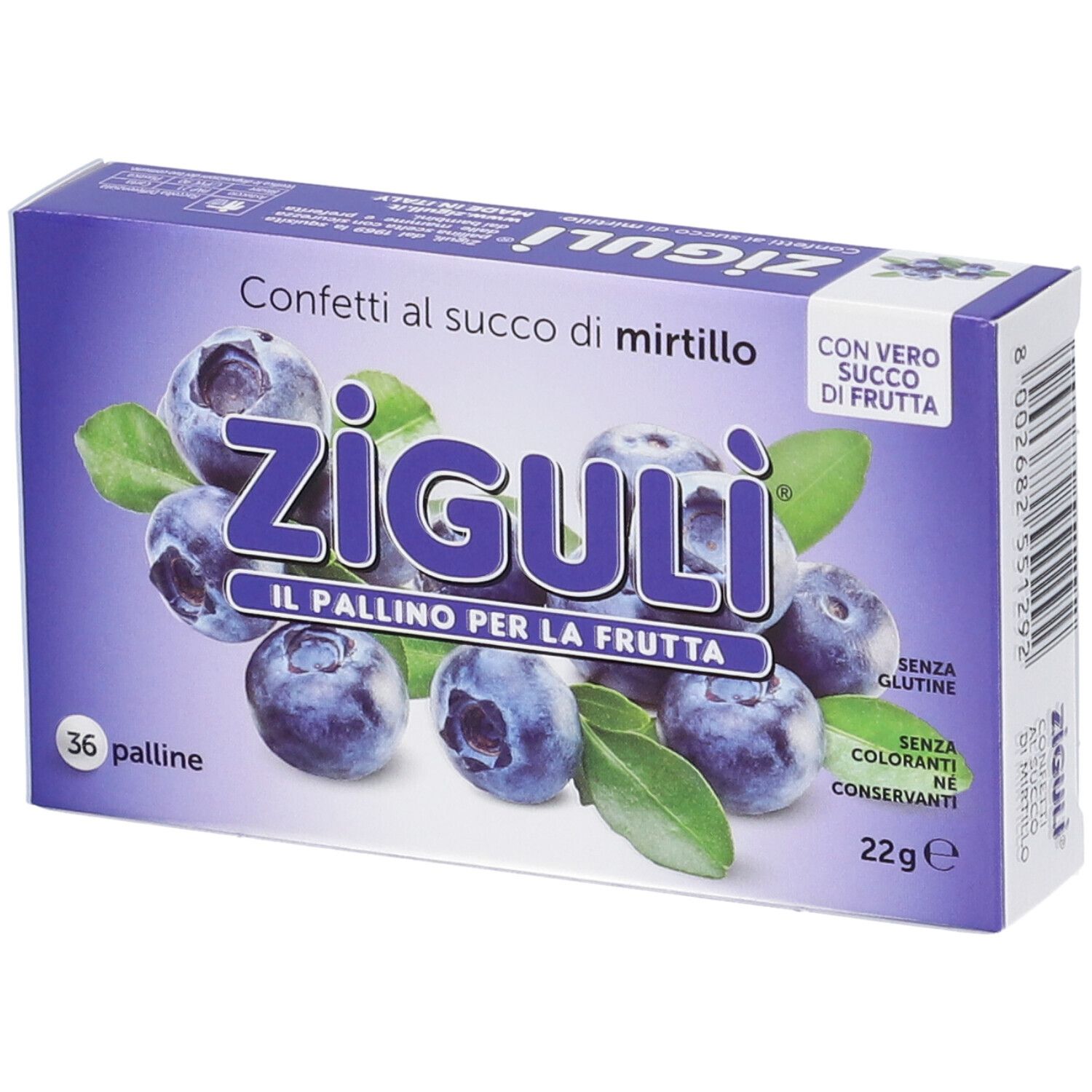 Schachtel mit Ziguli-Konfekt mit Blaubeersaft. Aufdruck mit Blaubeeren und Blättern. 36 Kugeln, glutenfrei, ohne Farbstoffe und Konservierungsmittel.