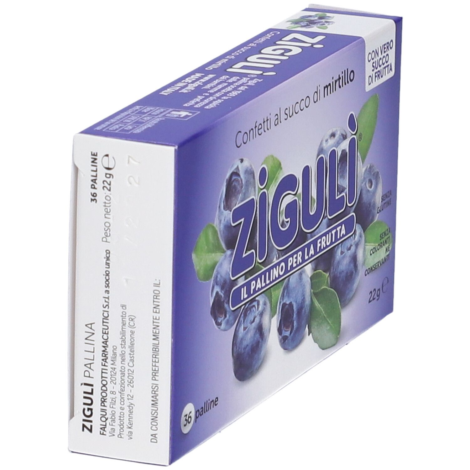 Schachtel Ziguli-Konfekt mit Blaubeersaft. Schräge Ansicht mit Produktnamen und Blaubeeren. 36 Kugeln, glutenfrei, ohne Farbstoffe und Konservierungsmittel.