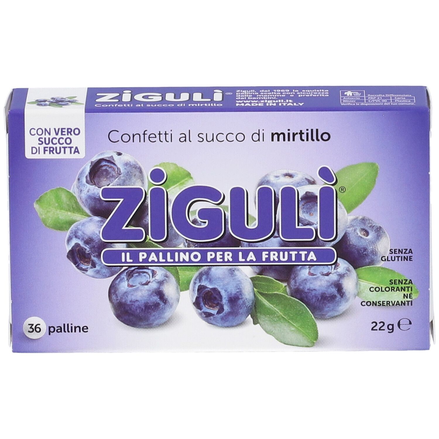 Schachtel mit Ziguli-Konfekt mit Blaubeersaft. Aufdruck mit Blaubeeren und Blättern. 36 Kugeln, glutenfrei, ohne Farbstoffe und Konservierungsmittel.