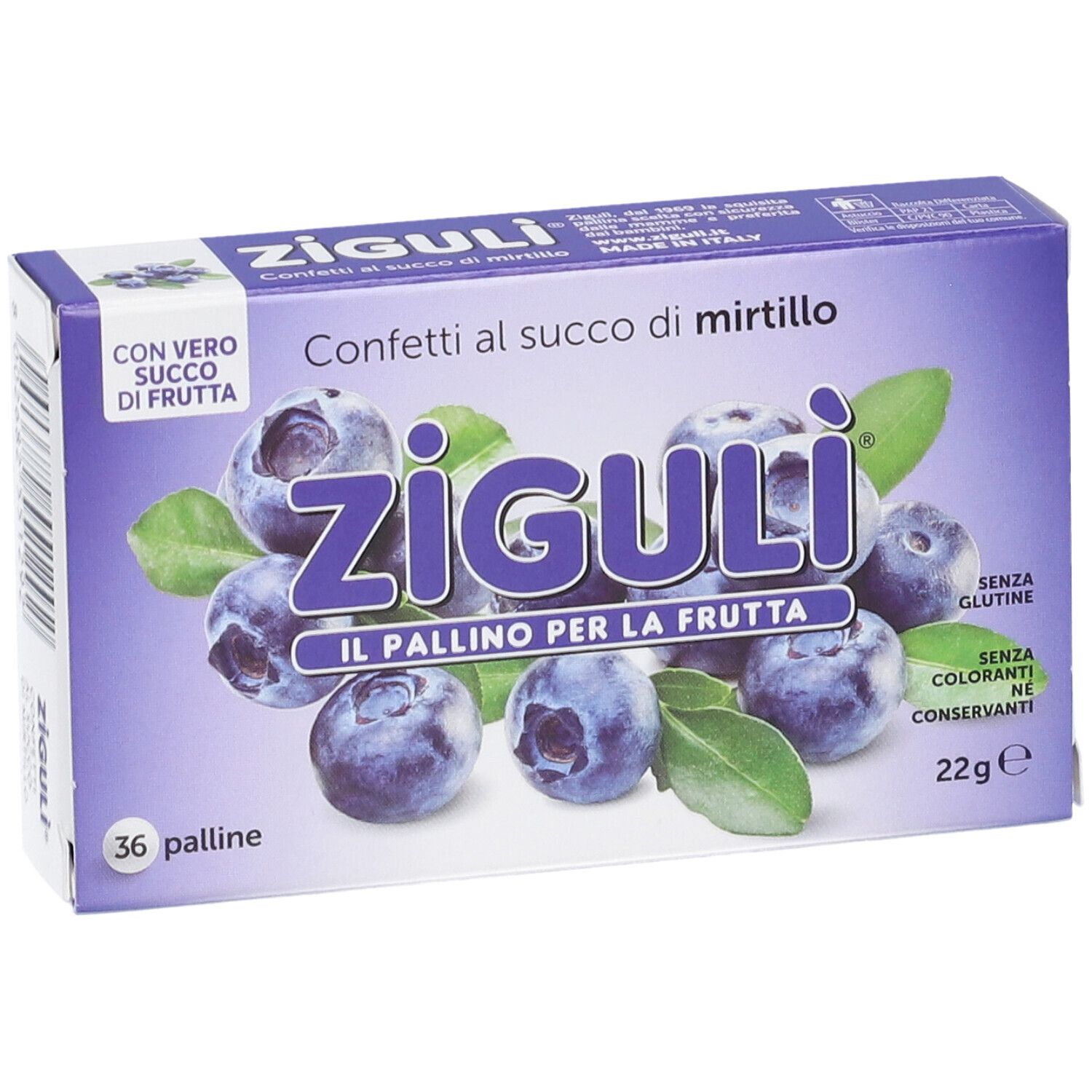 Schachtel mit Ziguli-Konfekt mit Blaubeersaft. Aufdruck mit Blaubeeren und Blättern. 36 Kugeln, glutenfrei, ohne Farbstoffe und Konservierungsmittel.