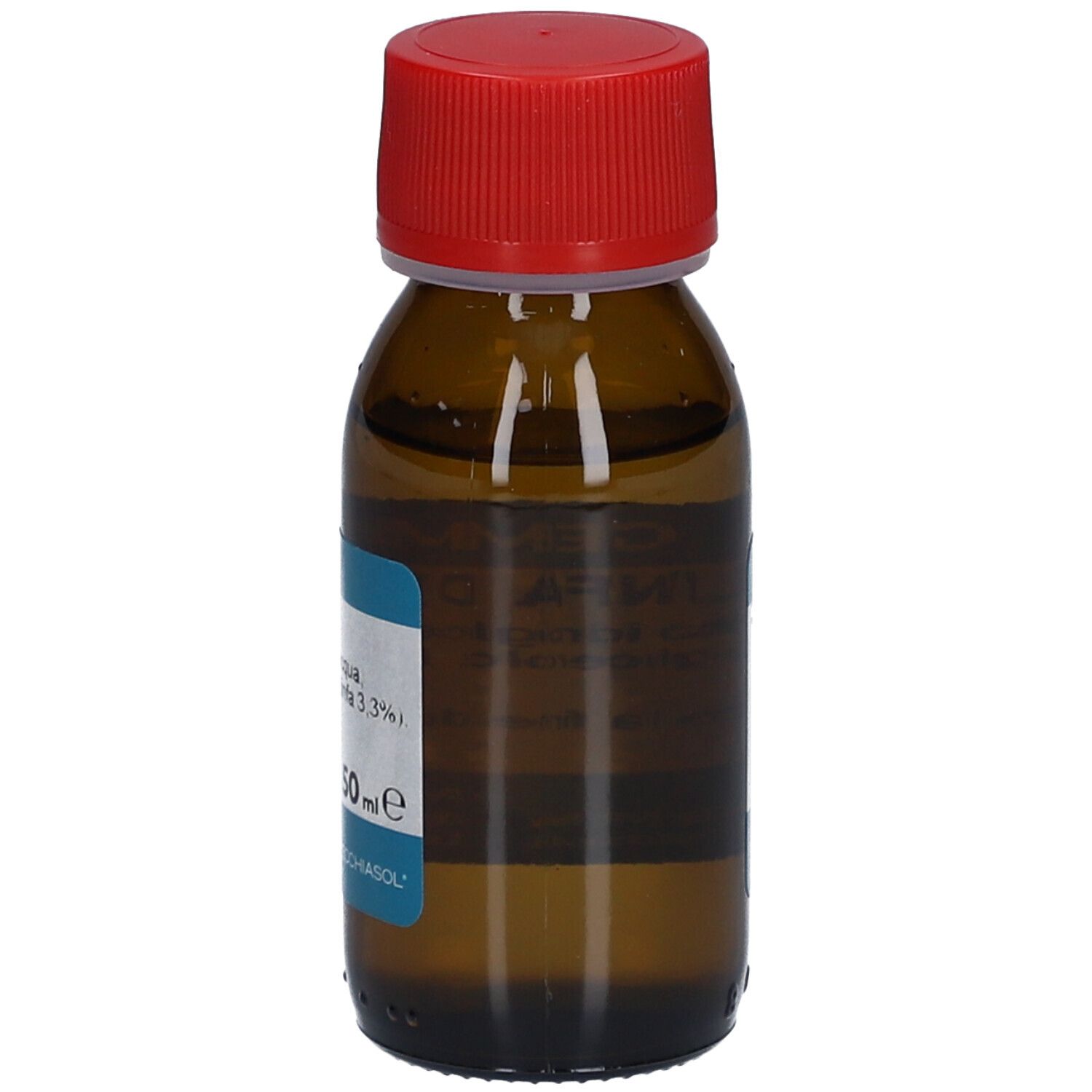 Flacon en verre brun avec bouchon rouge. Étiquette avec informations sur le produit. Inscription : Gemmosol, Linfa di Betulla.
