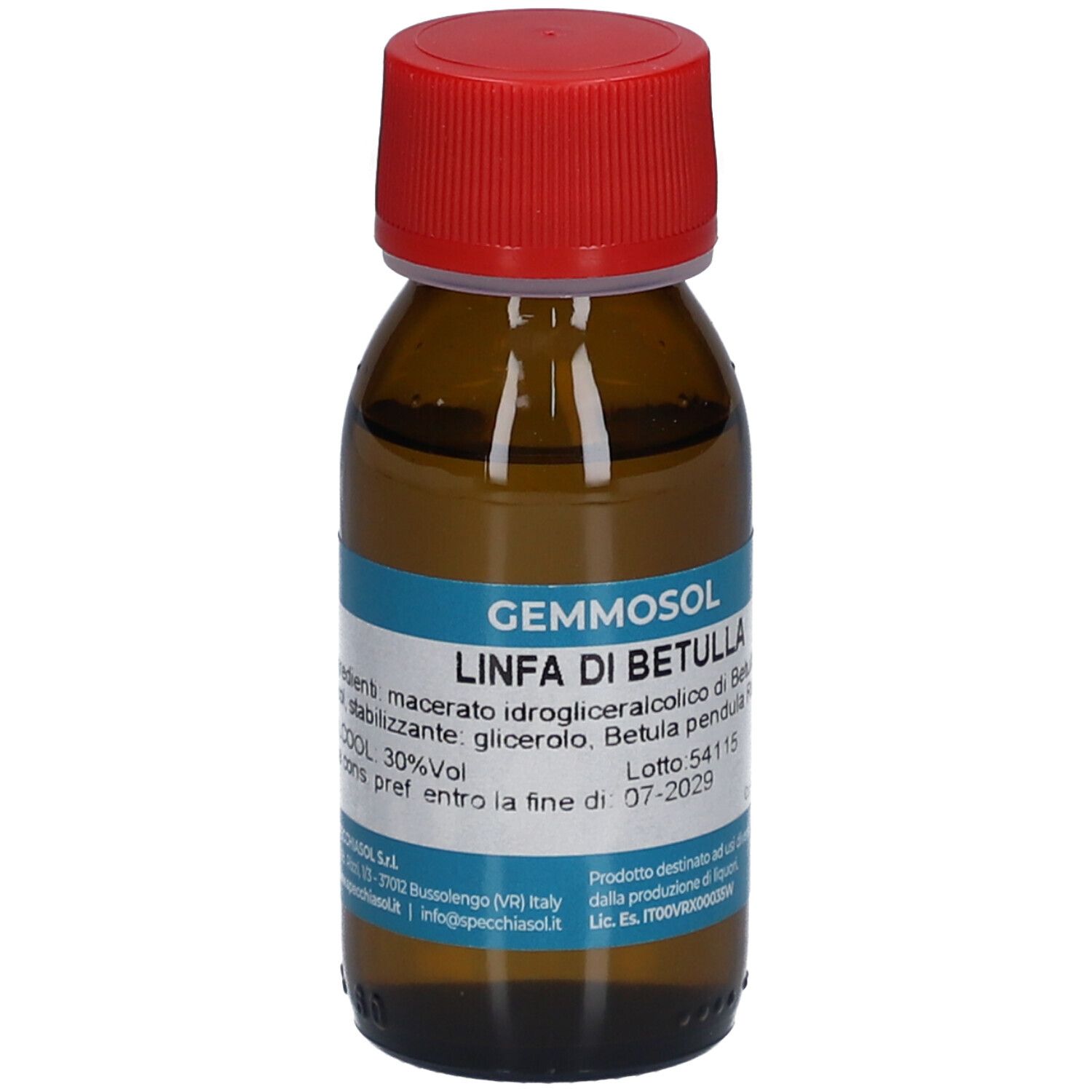 Flacon en verre brun avec bouchon rouge. Étiquette avec informations sur le produit. Inscription : Gemmosol, Linfa di Betulla, 50 ml.