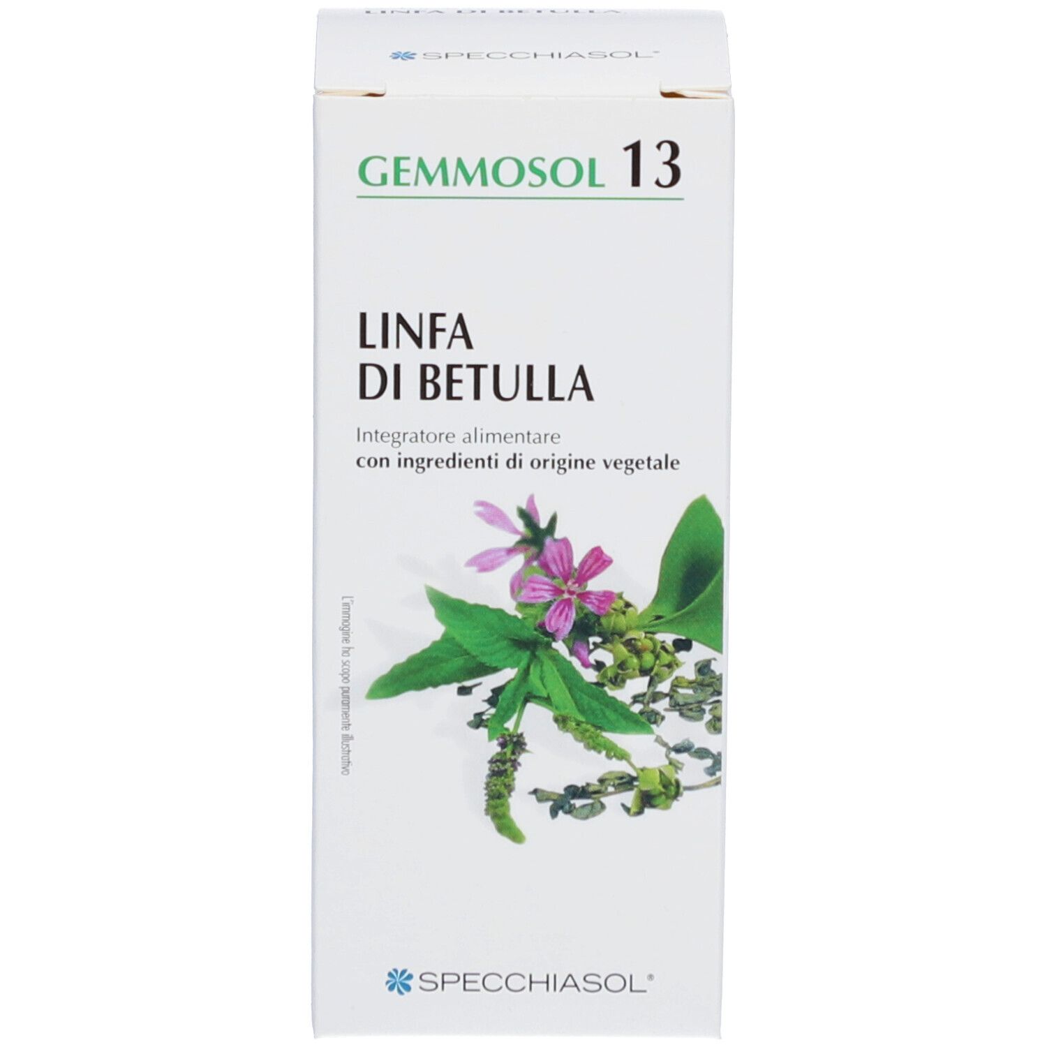 Boîte blanche avec illustration du produit. Inscription : Gemmosol, Linfa di Betulla. Avec illustration de plantes.