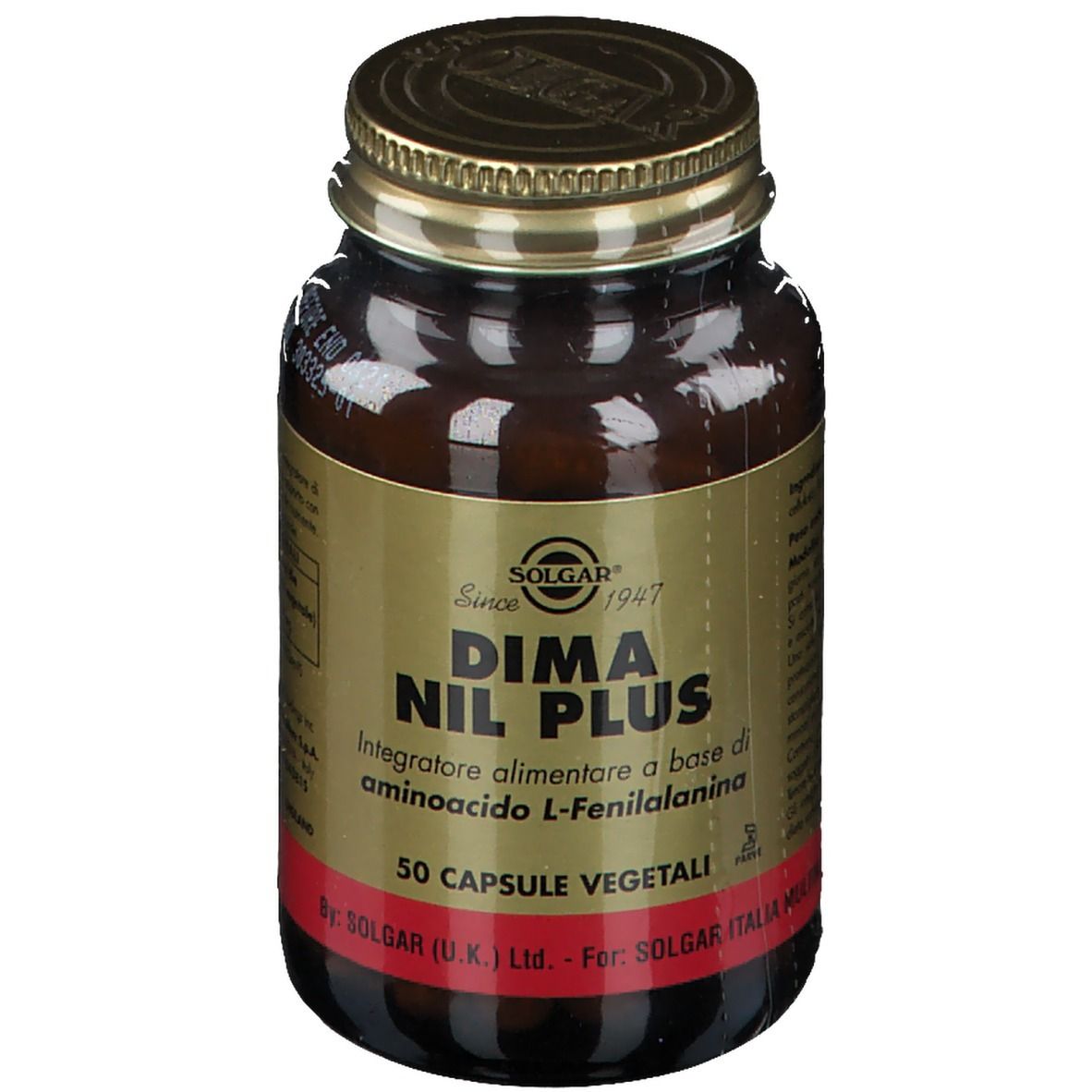 Braune Glasflasche mit goldfarbenem Deckel. Aufschrift: SOLGAR, DIMA NIL PLUS, 50 vegetarische Kapseln. Roter Aufkleber.