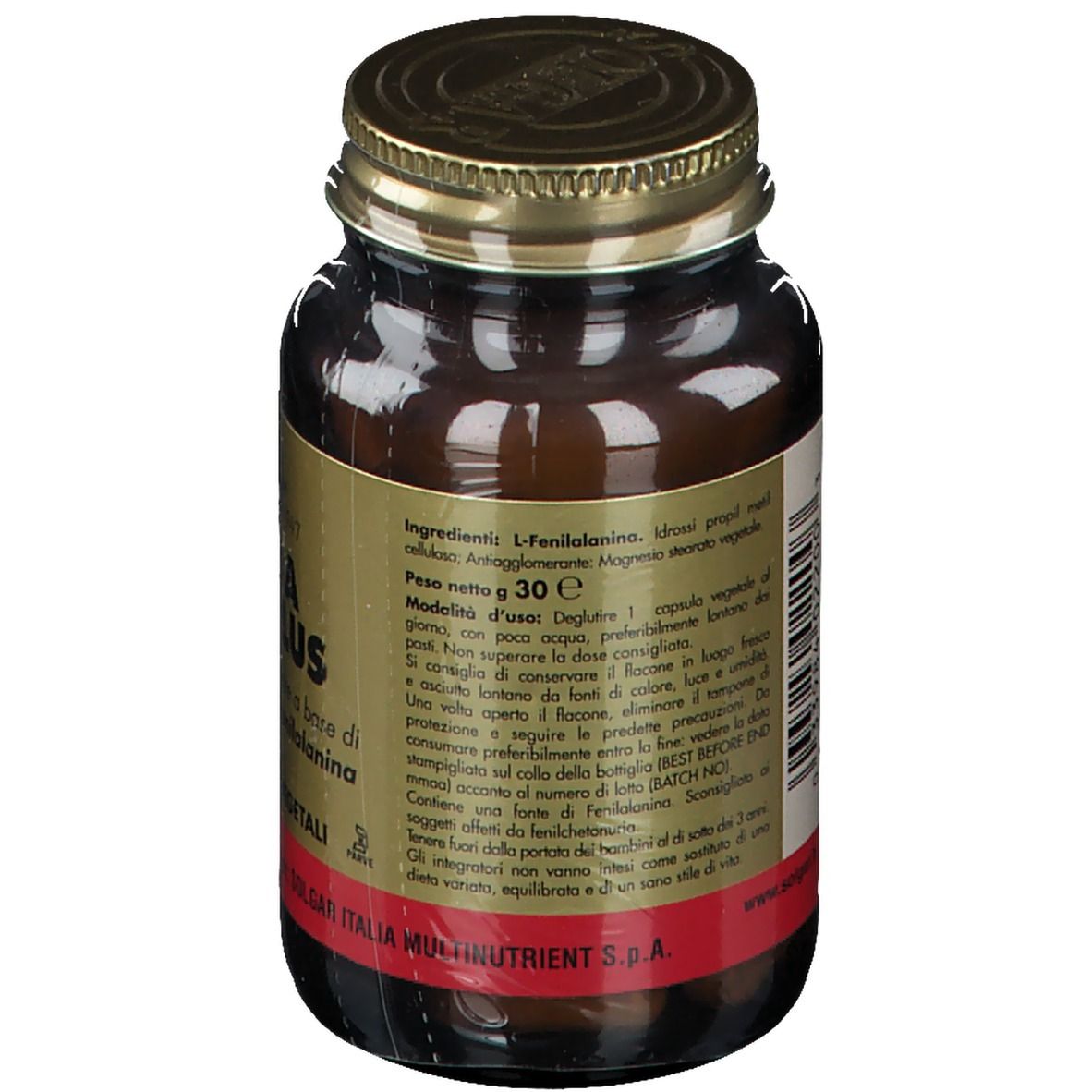 Rückseite der braunen Glasflasche. Text mit Inhaltsstoffen, Nettogewicht 30 g, und Anwendungshinweisen. Roter Aufkleber.