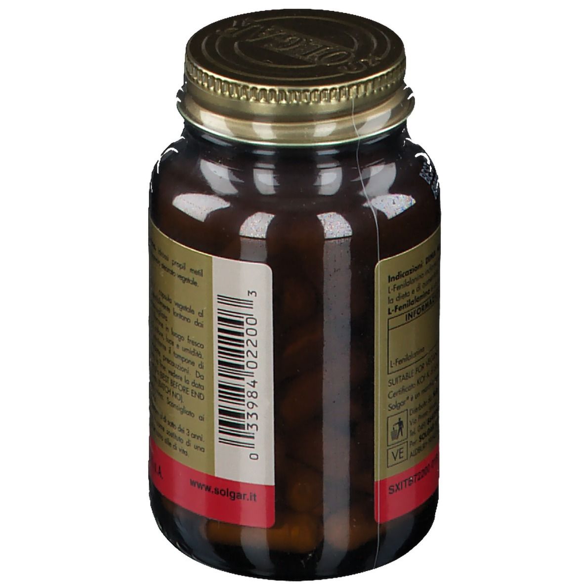 Rückansicht der braunen Glasflasche. Aufkleber mit Barcode und weiteren Informationen. Roter Aufkleber.