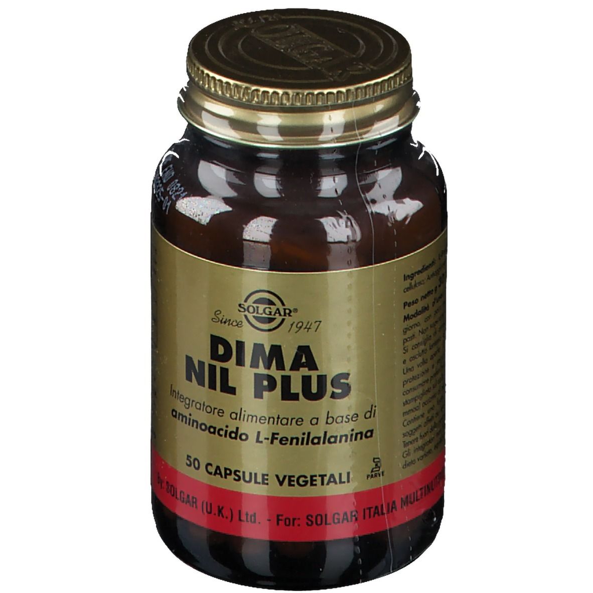 Braune Glasflasche mit goldfarbenem Deckel. Aufschrift: SOLGAR, DIMA NIL PLUS, 50 vegetarische Kapseln. Roter Aufkleber.