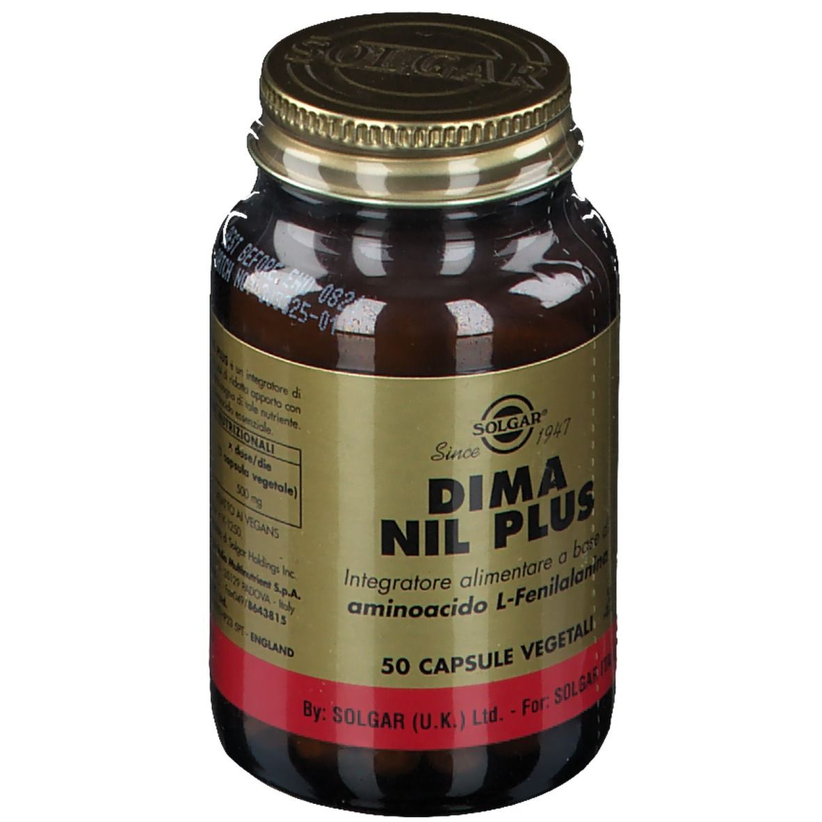 Braune Glasflasche mit goldfarbenem Deckel. Aufschrift: SOLGAR, DIMA NIL PLUS, 50 vegetarische Kapseln. Roter Aufkleber.