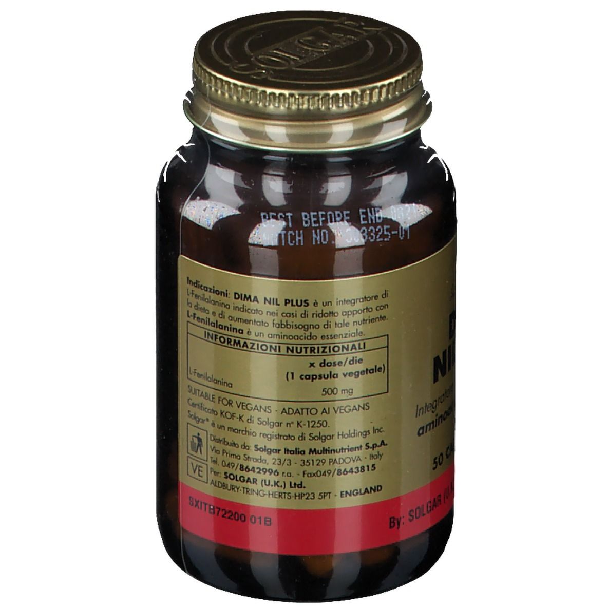 Rückseite der braunen Glasflasche. Text mit Informationen, darunter 'BEST BEFORE END'. Roter Aufkleber.