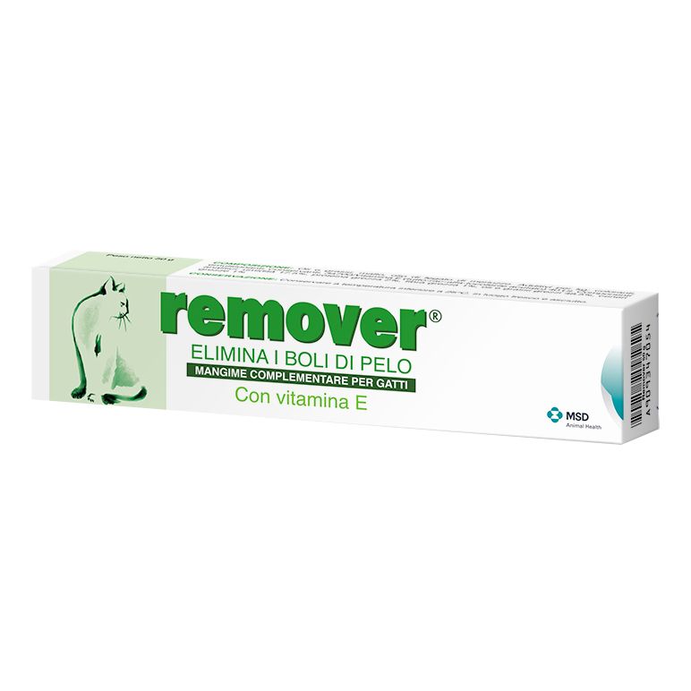 Emballage de remover® Pasta. Contient de la vitamine E. Avec image de chat et nom du produit.