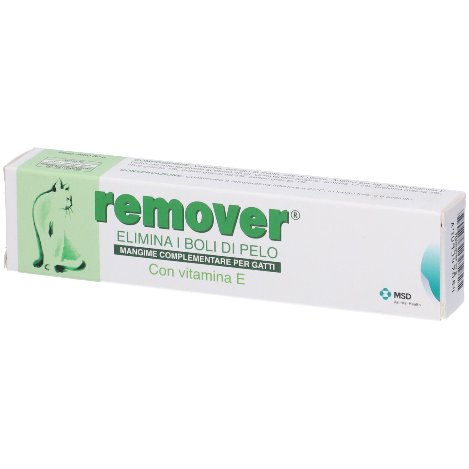 Emballage de remover® Pasta. Contient de la vitamine E. Avec image de chat et nom du produit.