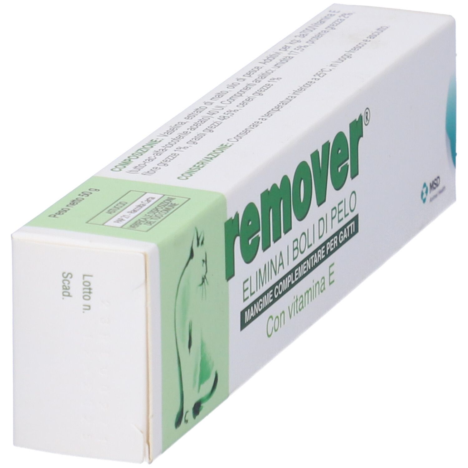 Emballage de remover® Pasta. Contient de la vitamine E. Avec image de chat et nom du produit.