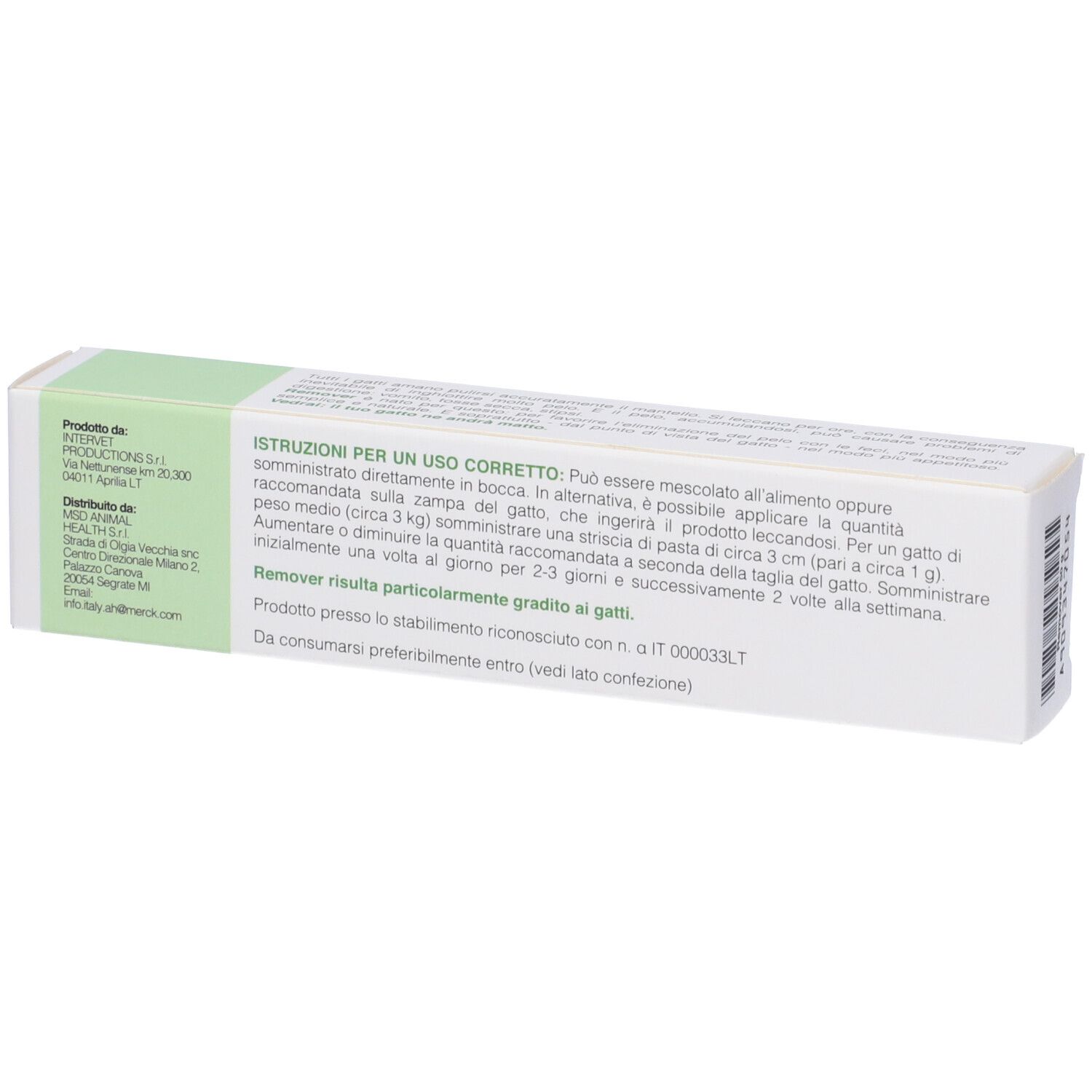 Emballage de remover® Pasta. Contient de la vitamine E. Avec image de chat et nom du produit.