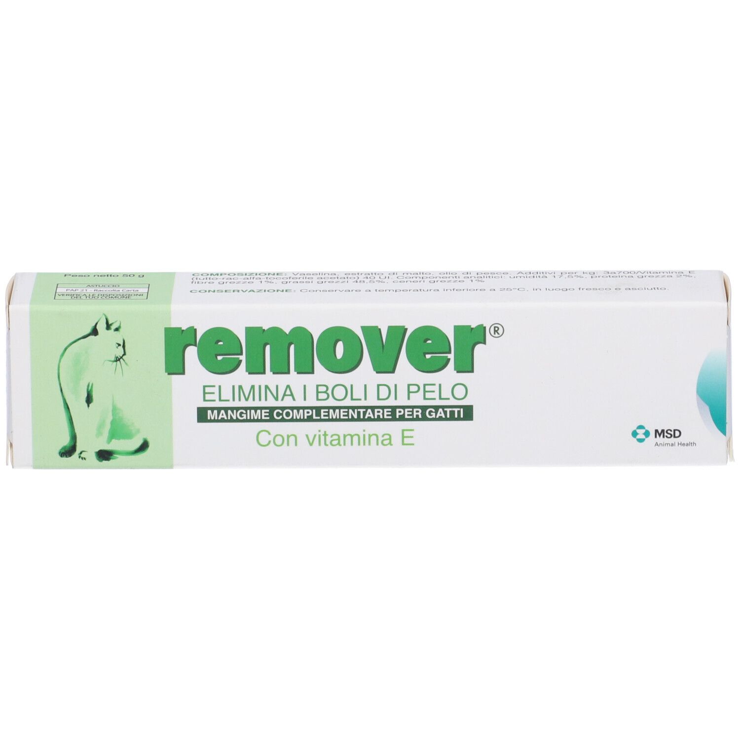 Emballage de remover® Pasta. Contient de la vitamine E. Avec image de chat et nom du produit.