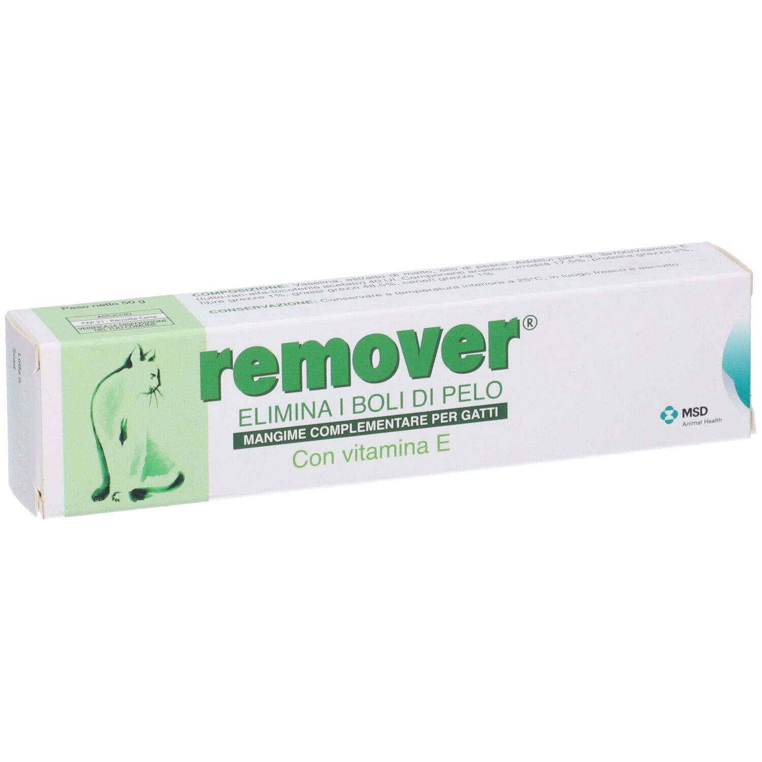 Emballage de remover® Pasta. Contient de la vitamine E. Avec image de chat et nom du produit.