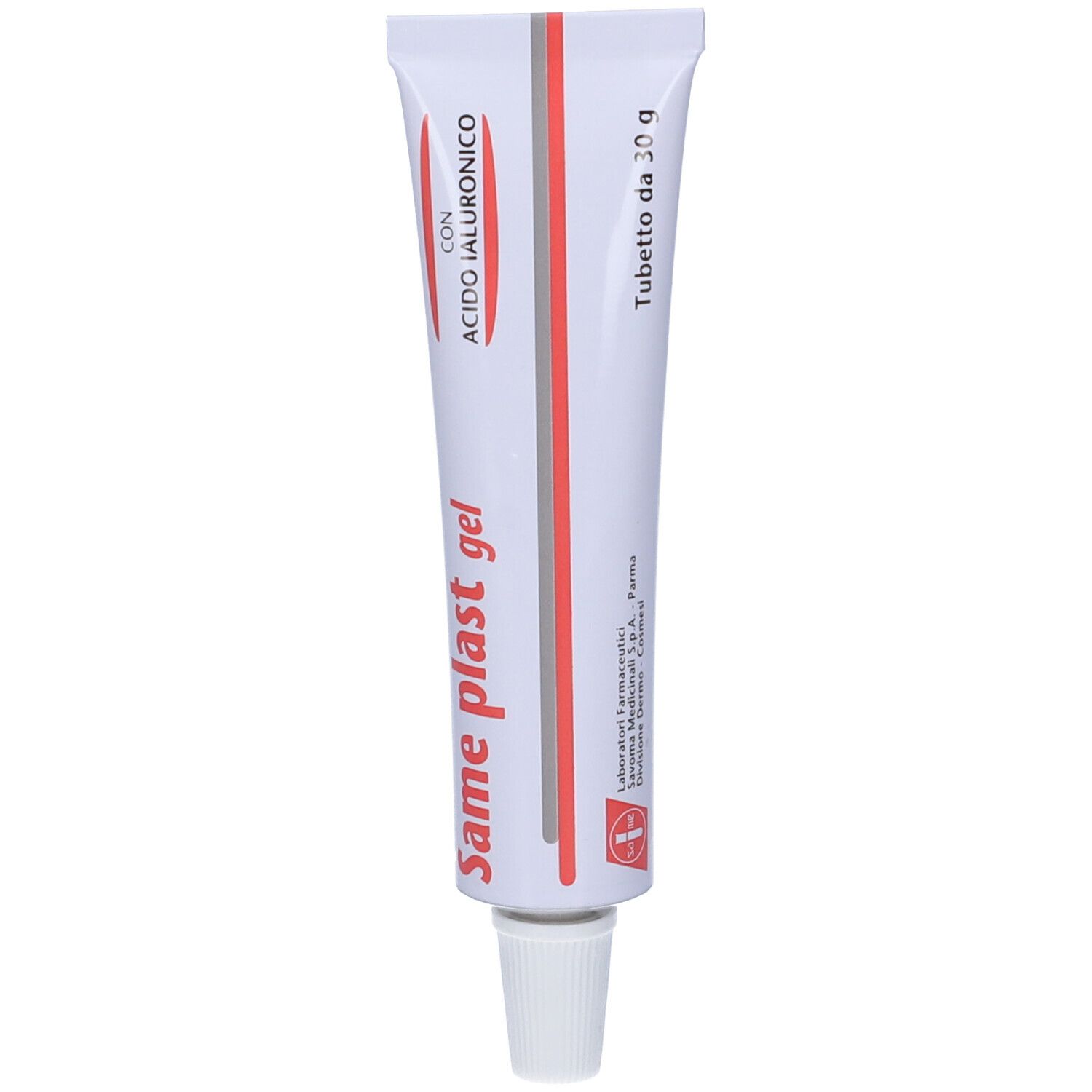 Tube de gel Same plast avec acide hyaluronique. Blanc, lettrage rouge et gris. Bouchon.