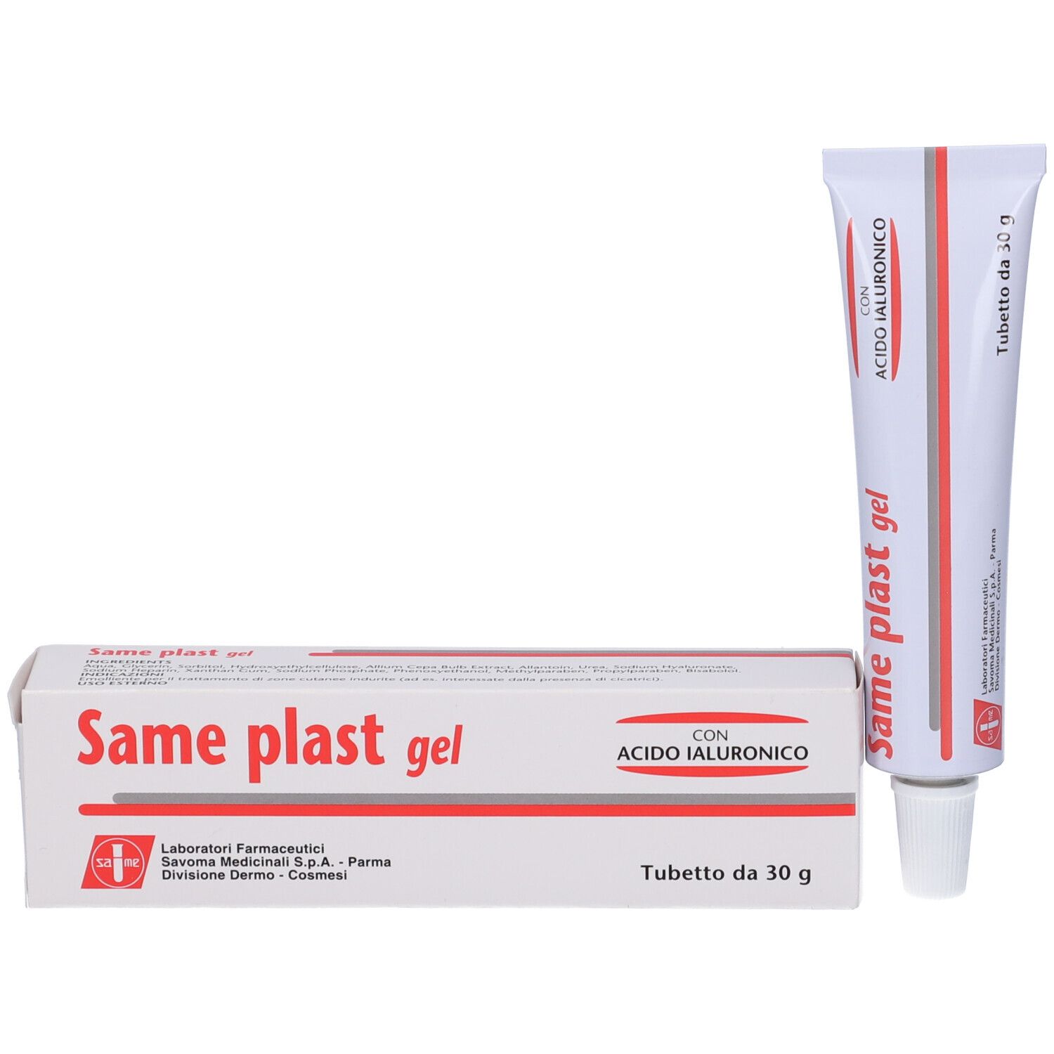 Boîte et tube de gel Same plast. Boîte et tube blancs avec lettrage rouge. Tube à côté.