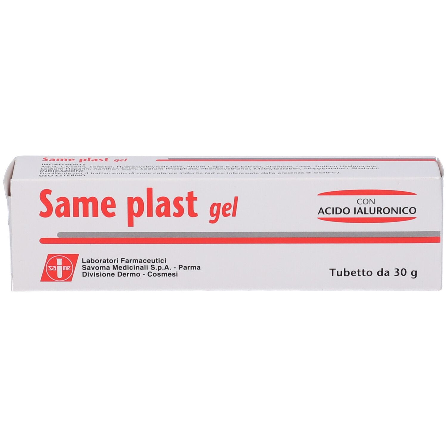 Boîte de gel Same plast. Boîte blanche avec lettrage rouge. Texte: Same plast gel, Acido Ialuronico.